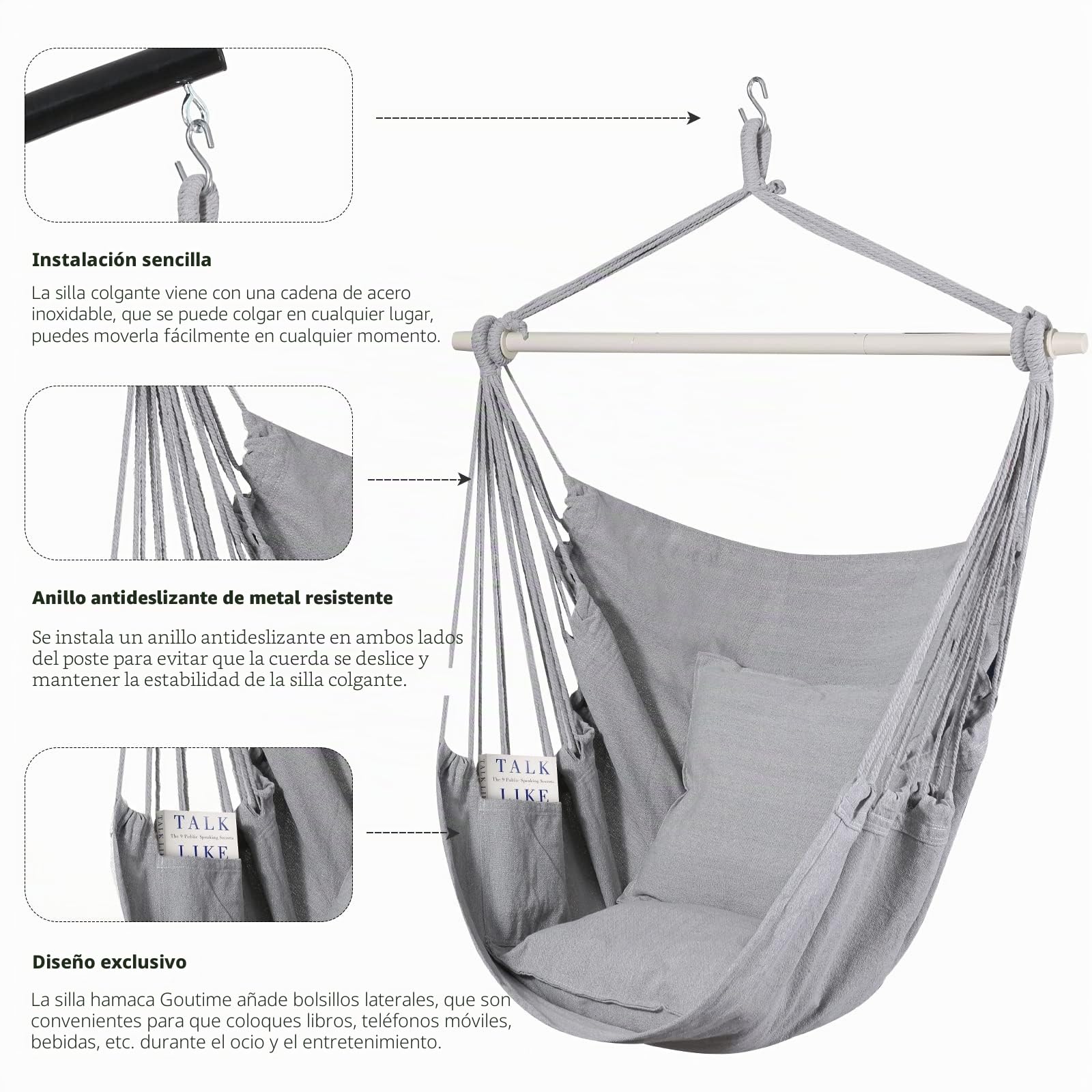 Goutime Silla Columpio Silla de Hamaca Grande de algodón Suave con Dos Cojines Almohada con Bolso Interior/Exterior/Dormitorio terraza jardín balcón 330 LB (Gris) | Sillón balancín con capacidad máxima de 150 kg para balcón, jardín, patio, dormitorio, gri