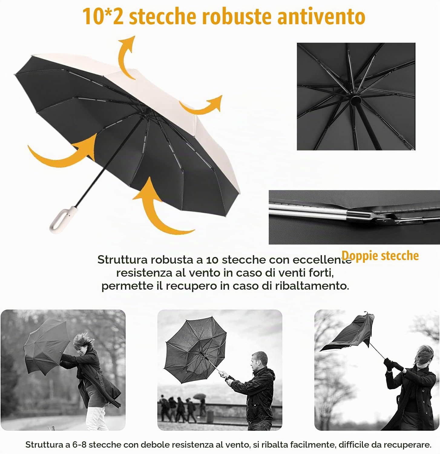 Ombrello Pieghevole da Golf, Antivento Fino a 140 km, Antivento, Rivestito Contro i Danni Causati Dall'Umidità, Parasole Resistente ai Raggi UV, con Borsa/Manico Ergonomico, Automatico, Unisex