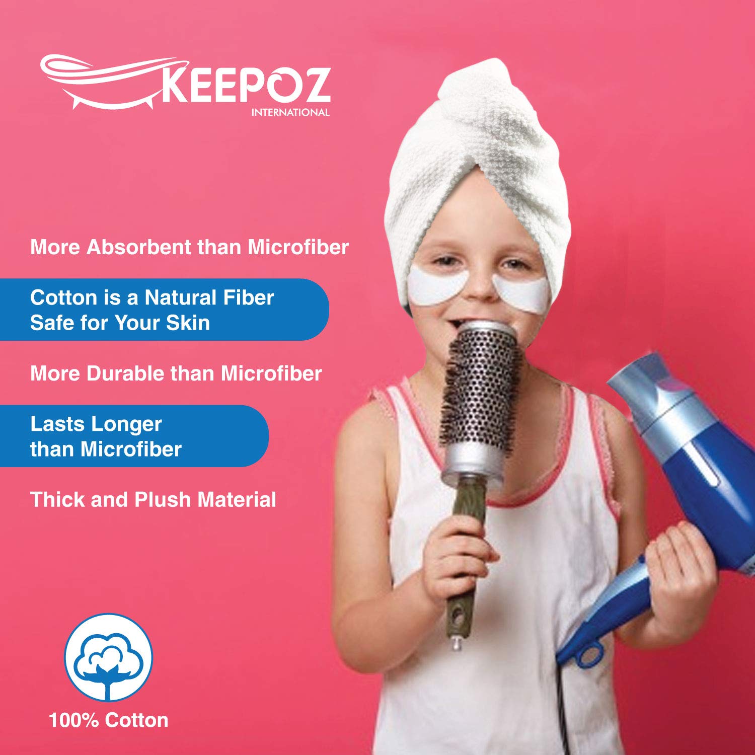 KEEPOZ Ręcznik do włosów, szybkoschnący, 100% bawełna, super chłonny, turban, opaska na głowę dla kobiet z guzikiem, produkty zapobiegające puszeniu się włosów, czepek do włosów kręconych, długich i