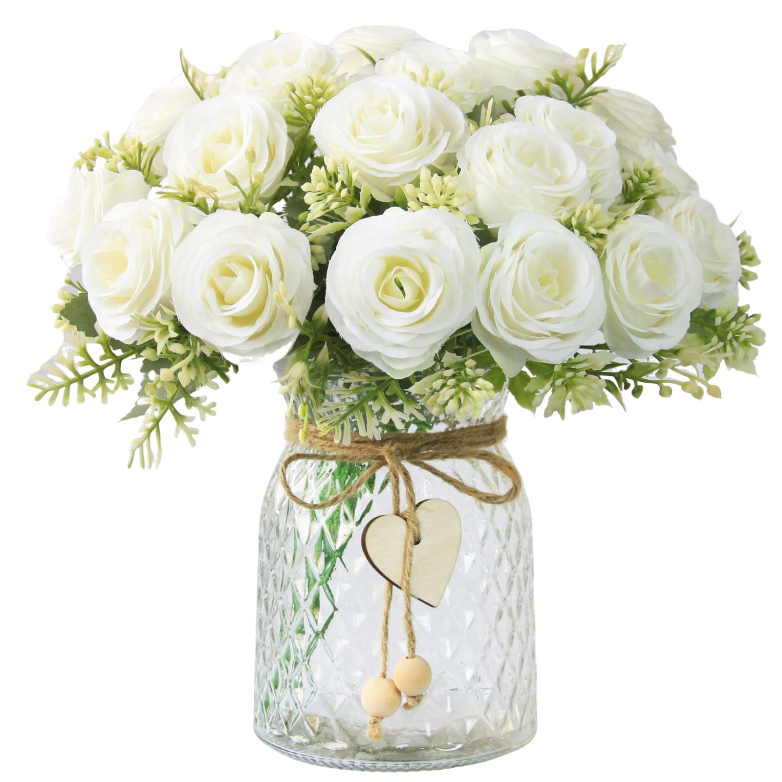 Flores falsas con jarrón, 18 rosas sintéticas, flores artificiales para decoración del hogar, centro de mesa de interior para sala de estar y mesa de comedor (blanco)