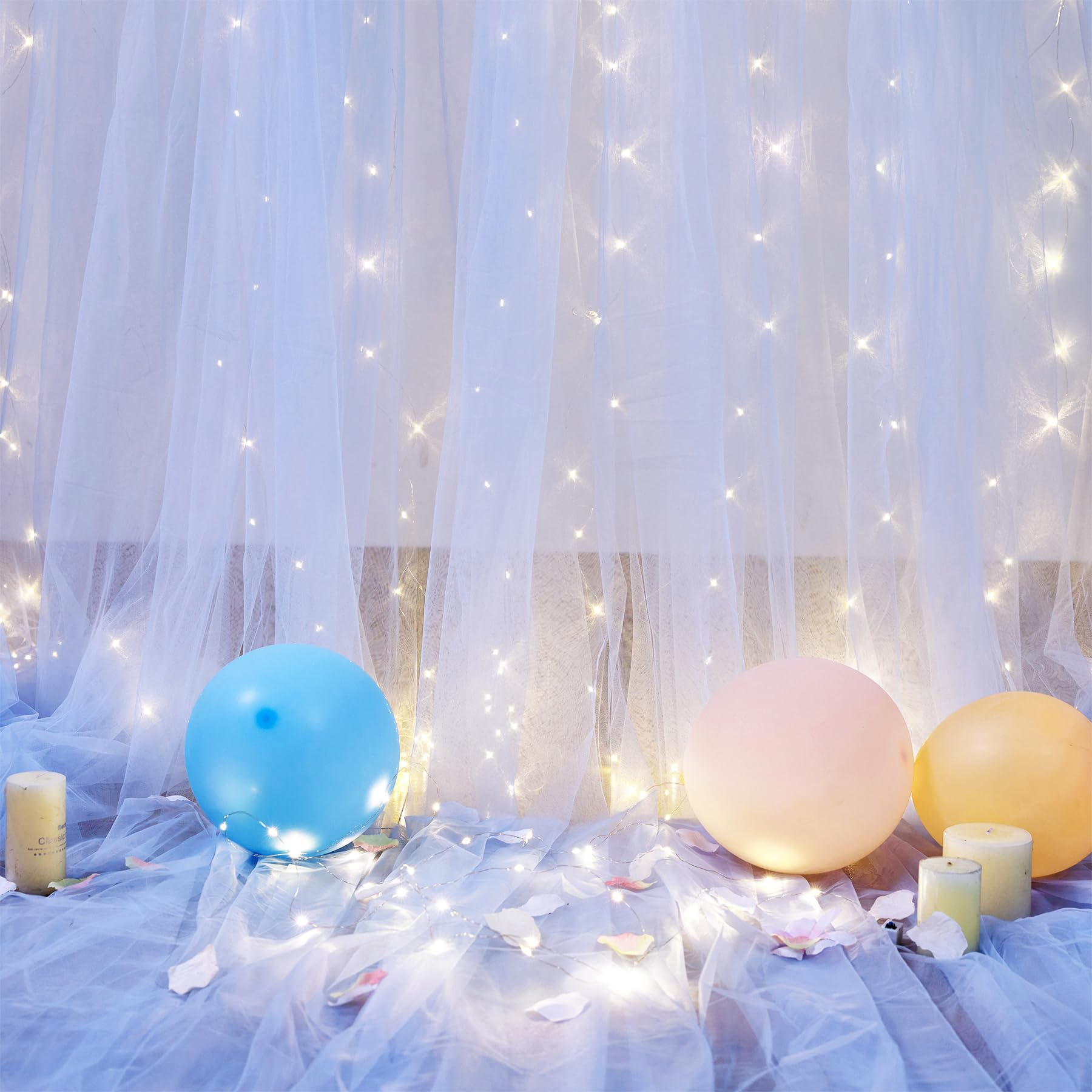 Lot de 2 Rideaux en Tulle Transparent avec Guirlande Lumineuse pour fête d'anniversaire, fête prénuptiale, décoration Murale Bleu Layette 1,5 x 3 m