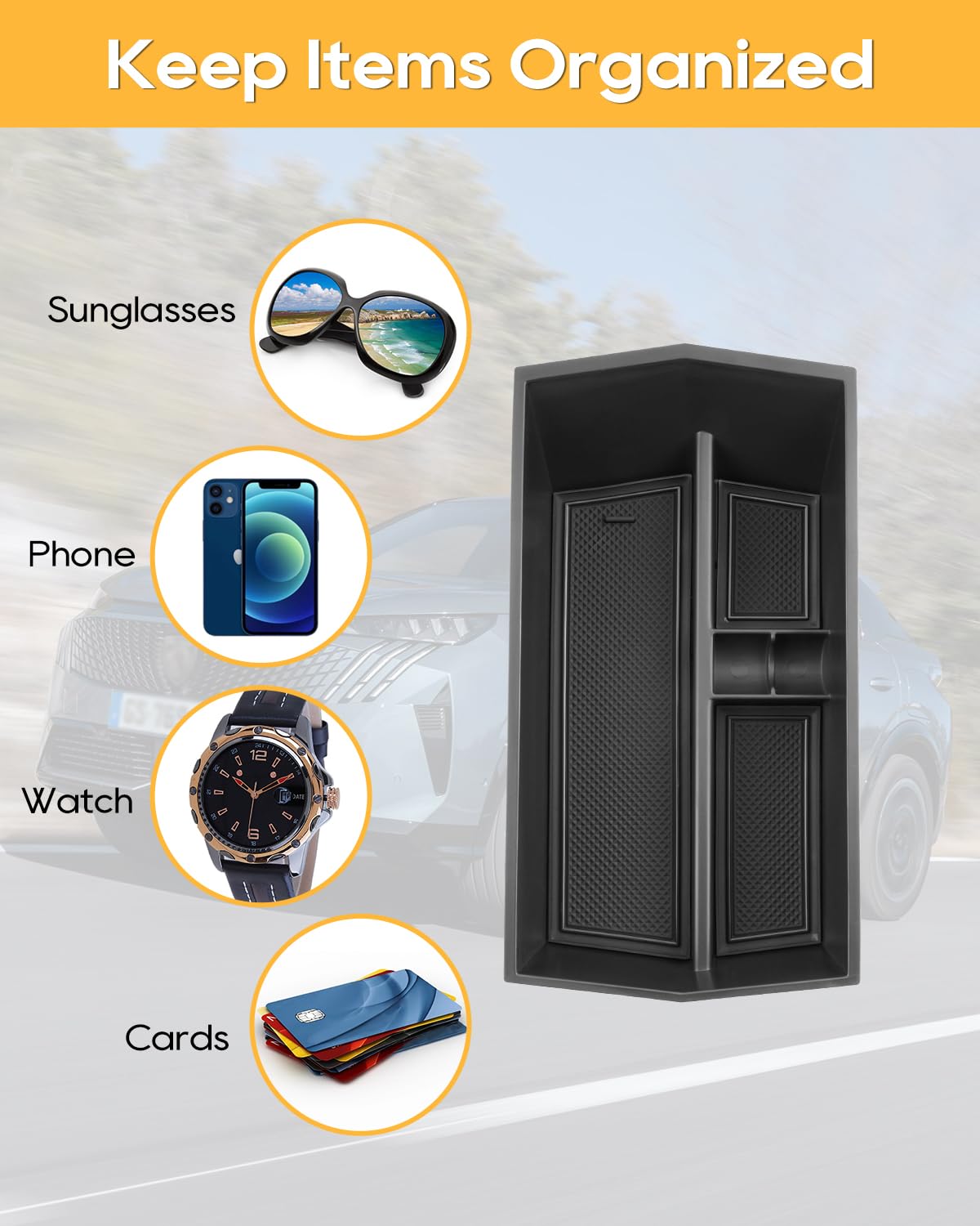 LFOTPP Caja de almacenamiento para consola central compatible con Peugeot E-3008 E-5008 EV GT Allure 2024 2025, E3008 P64, organizador de reposabrazos, bandeja para reposabrazos central, guantera