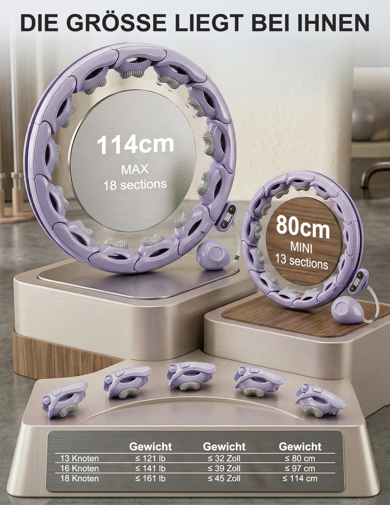 Smart Hula Hoop zum Abnehmen, 18 segmentig mit Taillenband Leiser Fitnessreifen mit 350g Gewichtskugel Zähler für Erwachsene Anfänger fällt Nicht herunter hulahuppreif zum abnehmen mit Gewicht