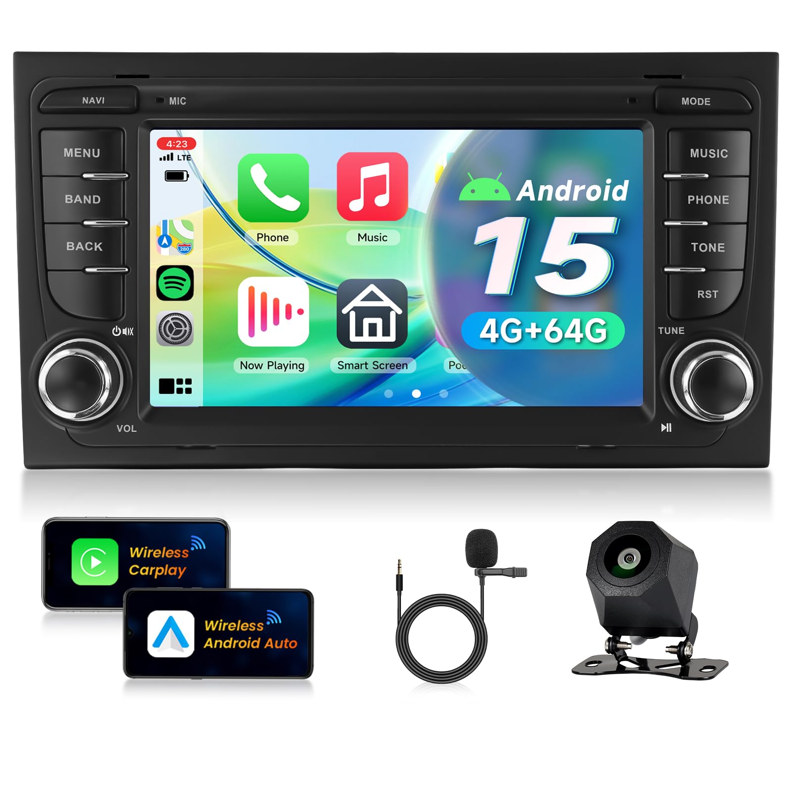 VECHTEL Radio samochodowe 4G+64G Android 15 dla Audi A4 S4 RS4 B6/B7 8E 2002-2008, radio samochodowe z systemem Android CarPlay bezprzewodowe, ekran dotykowy 7-calowy GPS Wi-Fi USB Type-C Bluetooth FM