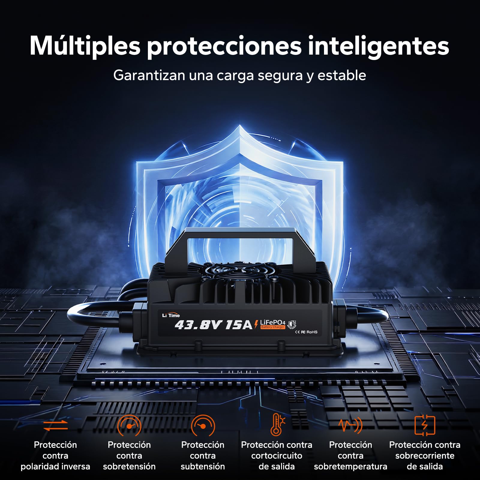 LiTime Cargador de Batería LiFePO4 36V 15A, Cargador de Litio 43,8V IP66 Impermeable con Activación de Batería, Indicador LED, Cargador Inteligente de 3 Etapas para Golf Cart, RV, Barco