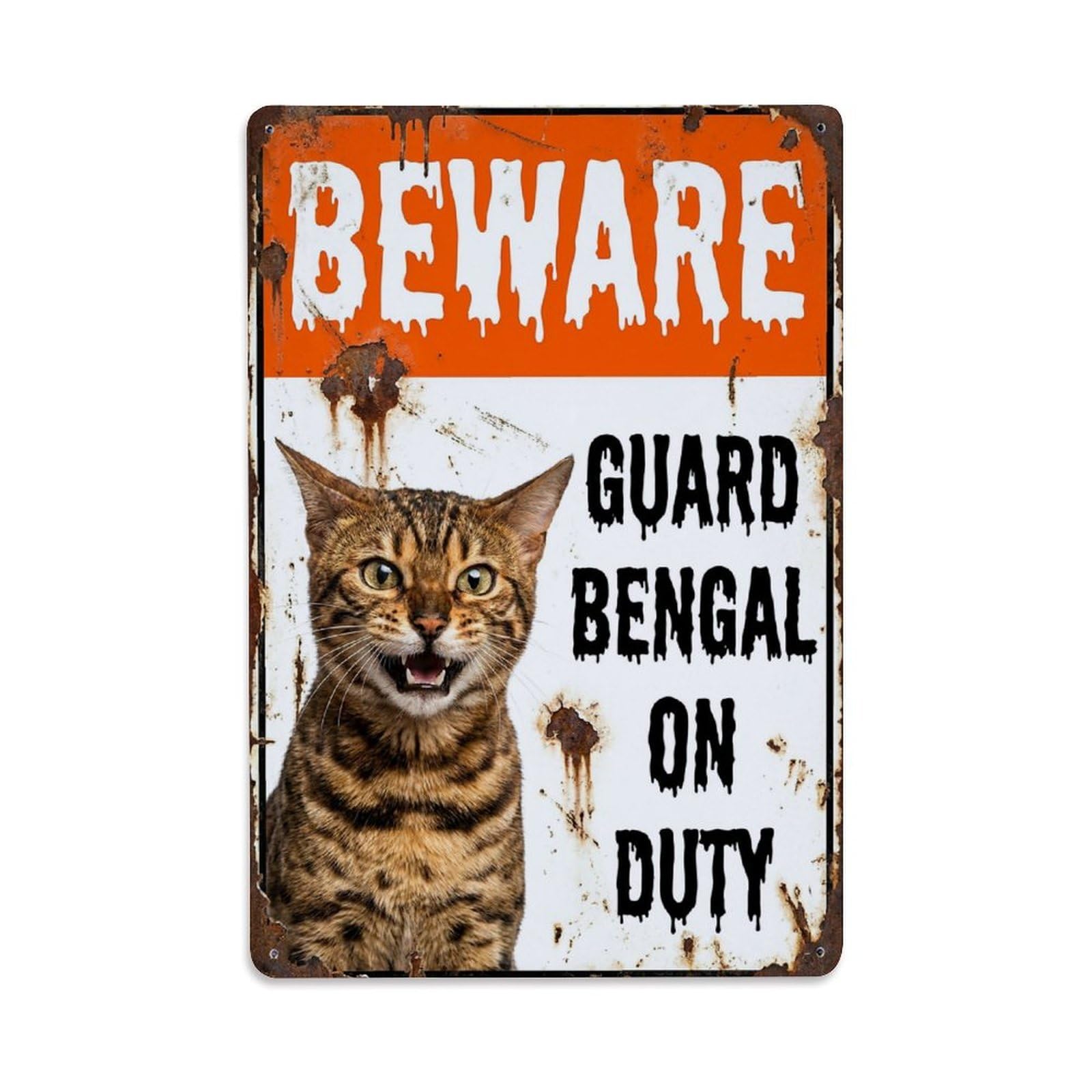 Vintage Funny Bengal Guard Beware of Cat House Metal Tin Sign Plaque Wall Decor for Cafe, Club Bar, Office, Garden Metal Poster 8x12Inch
