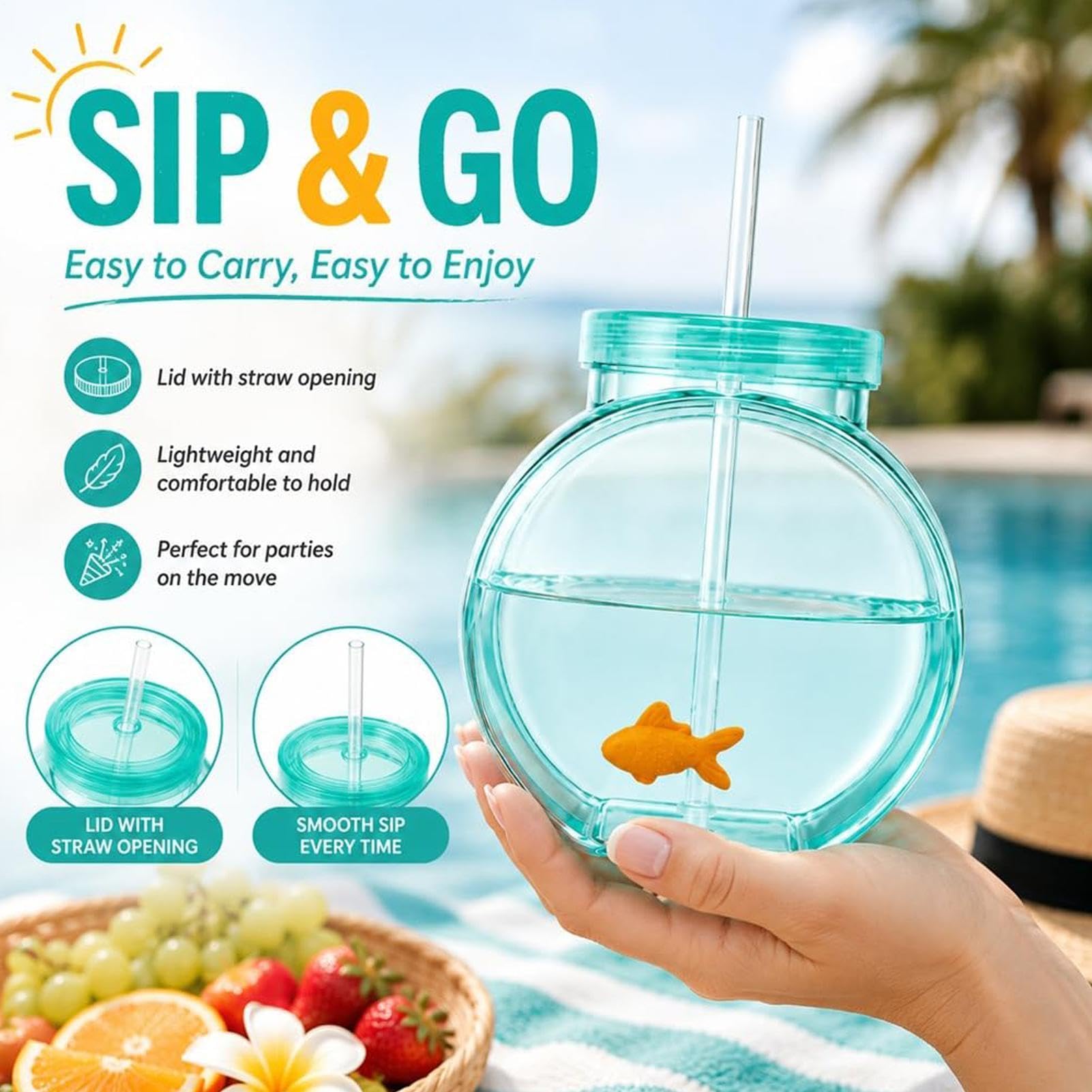Bols à poisson pour boissons, portables et réutilisables avec paille et couvercle, pour cocktail, jus, soda, limonade, activités familiales, fêtes sur la plage, événements scolaires