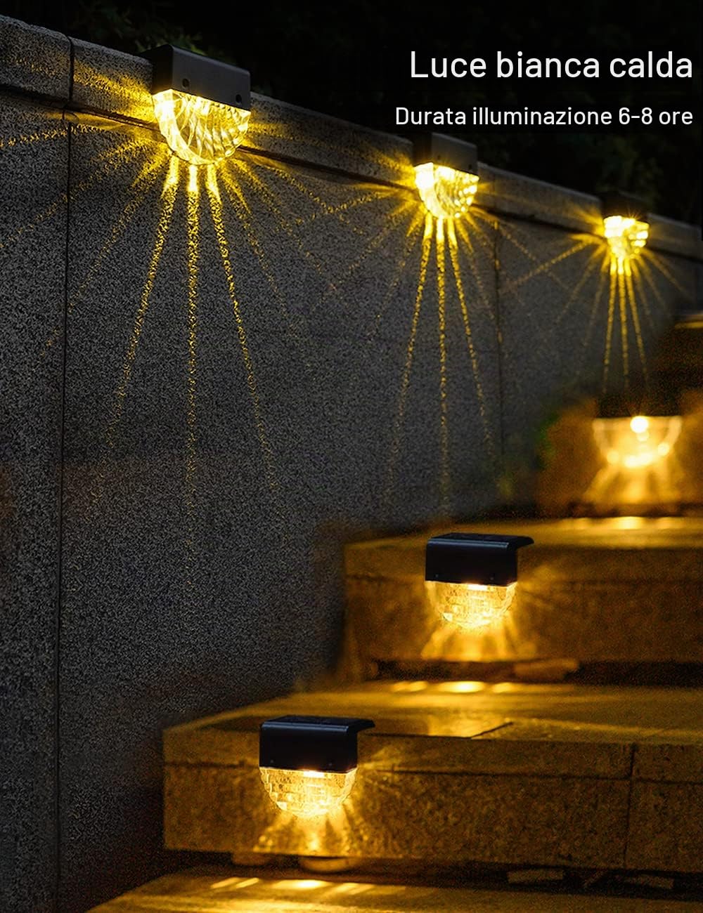 Luci Solari da Giardino, 4Pcs Faretti Solare Led da Esterno, 2 Mode,Bianco Caldo/Colore Lampada da Scale, IP65 Impermeabile Fari Terra per Patio Segnapasso Sentieri Recinzione Balcone Parete