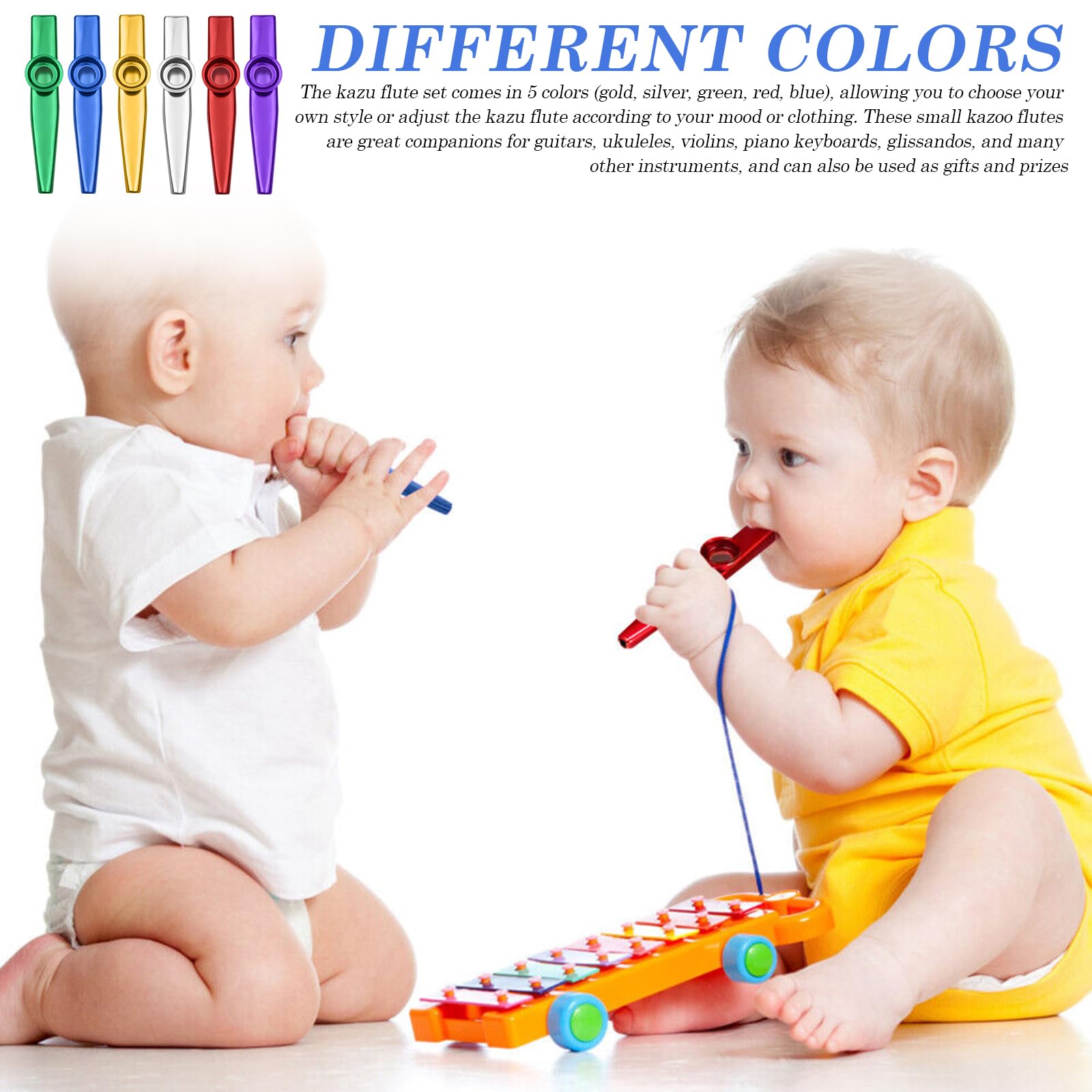 Ensemble de 18 Kazoos : 6 couleurs Kazoo en plastique, Instrument de musique, pour les amoureux de musique, débutants, cadeaux à prix abordable, pour les fêtes (Or, Argent, Vert, Rouge, Bleu