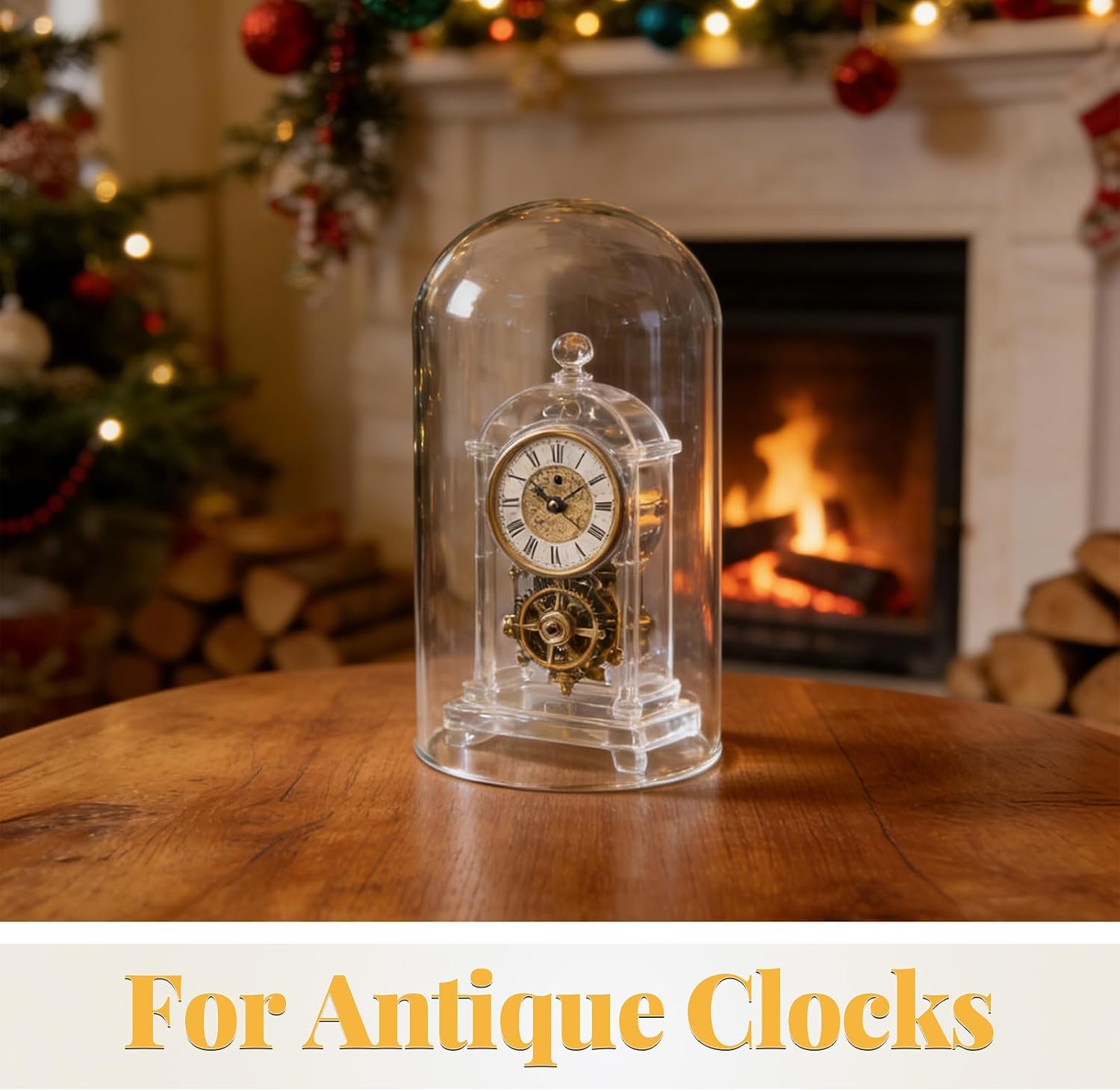 Glass Dome Display Cloche for Mantel Clock with Protective Shield and Crystal Visibility, Elegant Vintage Glass Cover for Art Pieces and Fairy Lights, for Office Decor, 10x18cm