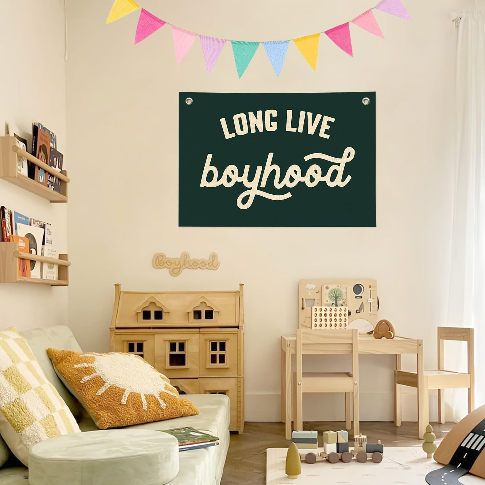 BOQTMK Long Live Boyhood Banner – Linen Wall Hanging Flag30x20 Inches Olive Green+Colorful Triangle Flag 4m 12Pcs Linen Decor Set, Boys Room & Nursery, Playroom Wall Art, Baby & Toddler Room Decor