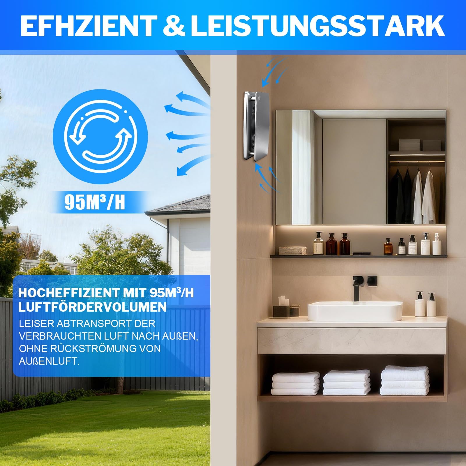 100mm Badlüfter mit Feuchtigkeitssensor Nachlauf, WC Küche Ventilator