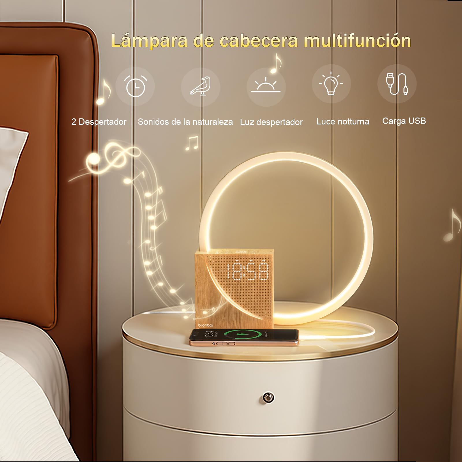 blonbar Despertador de Luz Natural de Cabecera 10W con Carga USB, Luz Nocturna Táctil de 3 Niveles de Brillo, Ayuda para el descanso de adultos y bebés