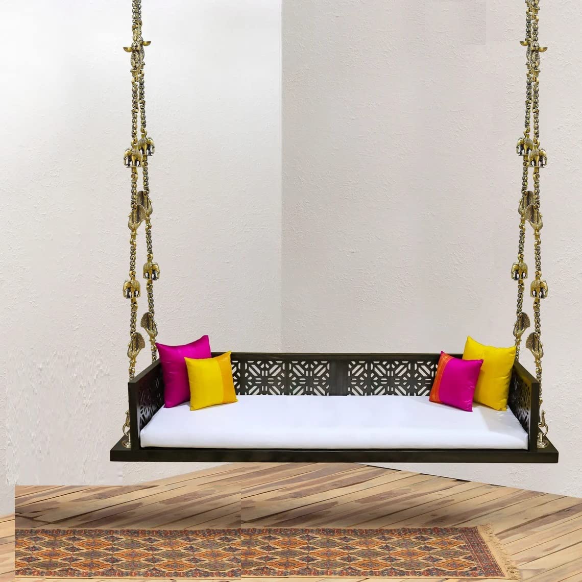 Wooden Hanging Garden Swing/Playing Jhula Wooden Swing ( with Golden Chain Assesories) Solid wooden indian traditional swing/jhoola with carved back and Armrest & Relaxing | Home furniture Wooden 3 Seater Swing Set for Living Room and Office With 250 KG Capacity and Seat Size 60 × 150 × 45 CM Reversible-image-28