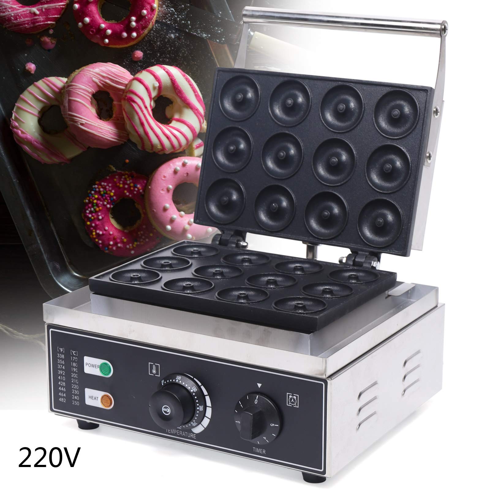 Machine à Donuts Électrique 1550W, 12 Moules Antiadhésifs – Friteuse à Beignets Professionnelle pour Café, Boulangerie & Maison | Réglage Température 50-300°C & Minuterie, Acier Inoxydable, 220V
