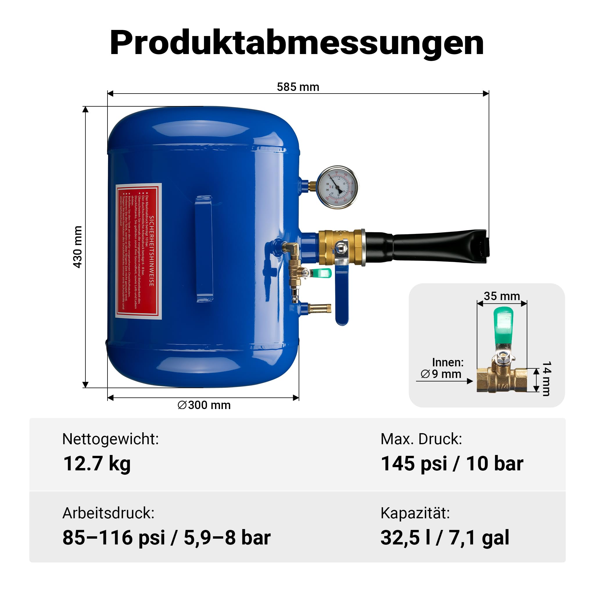 Wiltec Reifen-Booster 32,5 l, Druckluft Reifenbefüller 6-8 bar Arbeitsdruck, 46 x 30 cm, für Verschiedene Reifen, Reifenfüllkanone max. 10 bar