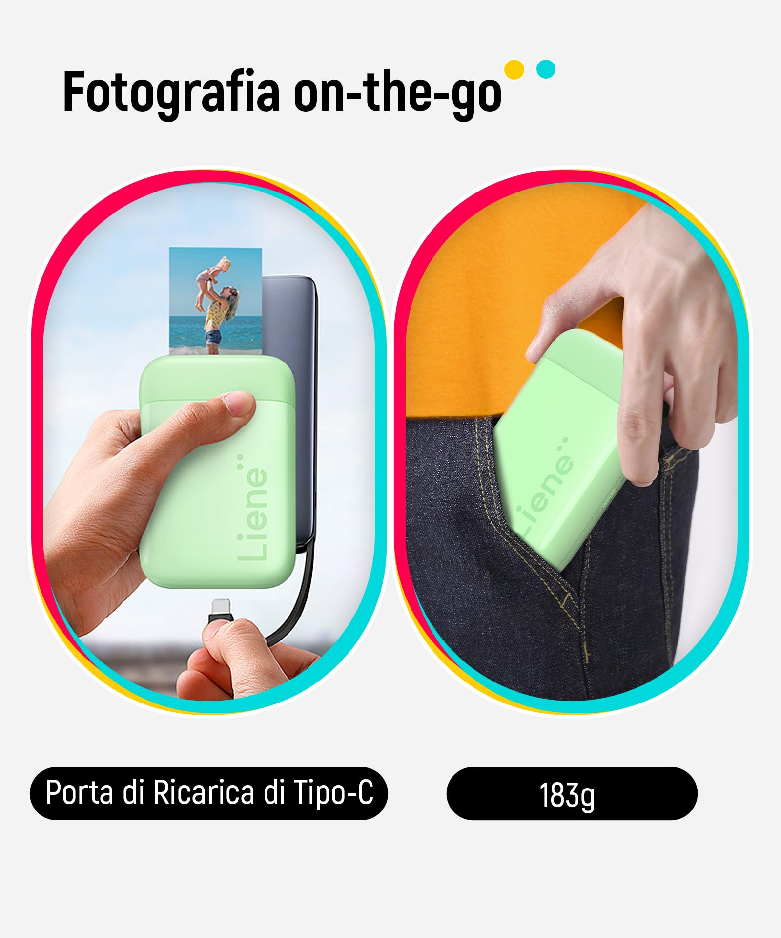 Liene Pearl K100 Stampante Portatile, 2x3 Stampante Fotografica Istantanea con 50 Fogli di Zink Carta Fotografica Adesiva, Connessione Bluetooth, APP Dedicata, Mini Stampante per iOS & Android, Verde