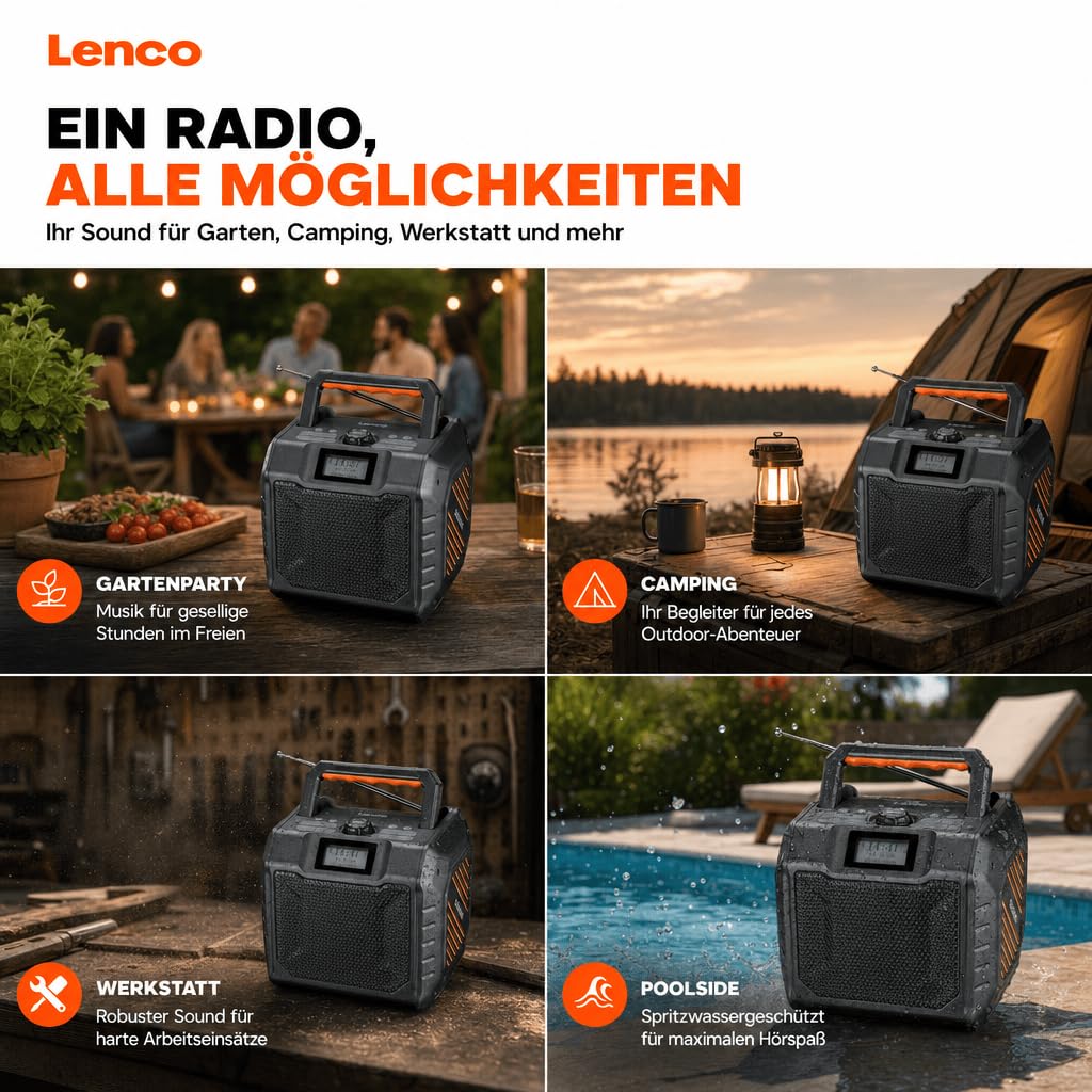Lenco ODR-160GY - Outdoor-Radio - DAB+/FM-Radio - Bluetooth-Lautsprecher | ODR-160BK - stoßfest & wasserdicht - SD-Kartenleser - AUX-In - 35W RMS - 20 Stunden Akkulaufzeit