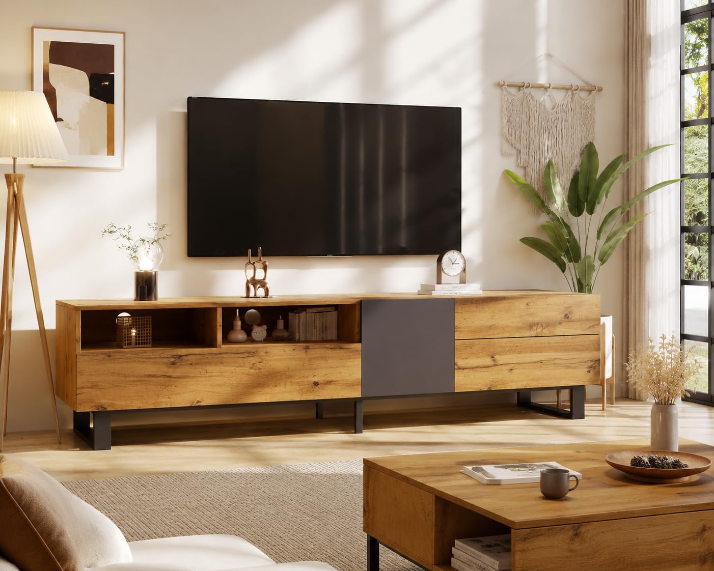 180cm TV Stand Cabinet, TV Console for TV up to 75 Inch, Mid Century Modern Entertainment Center with Open Shelf and 2 Drawers, TV Unit for Living Room, Bedroom, Entertainment Room, Wood color