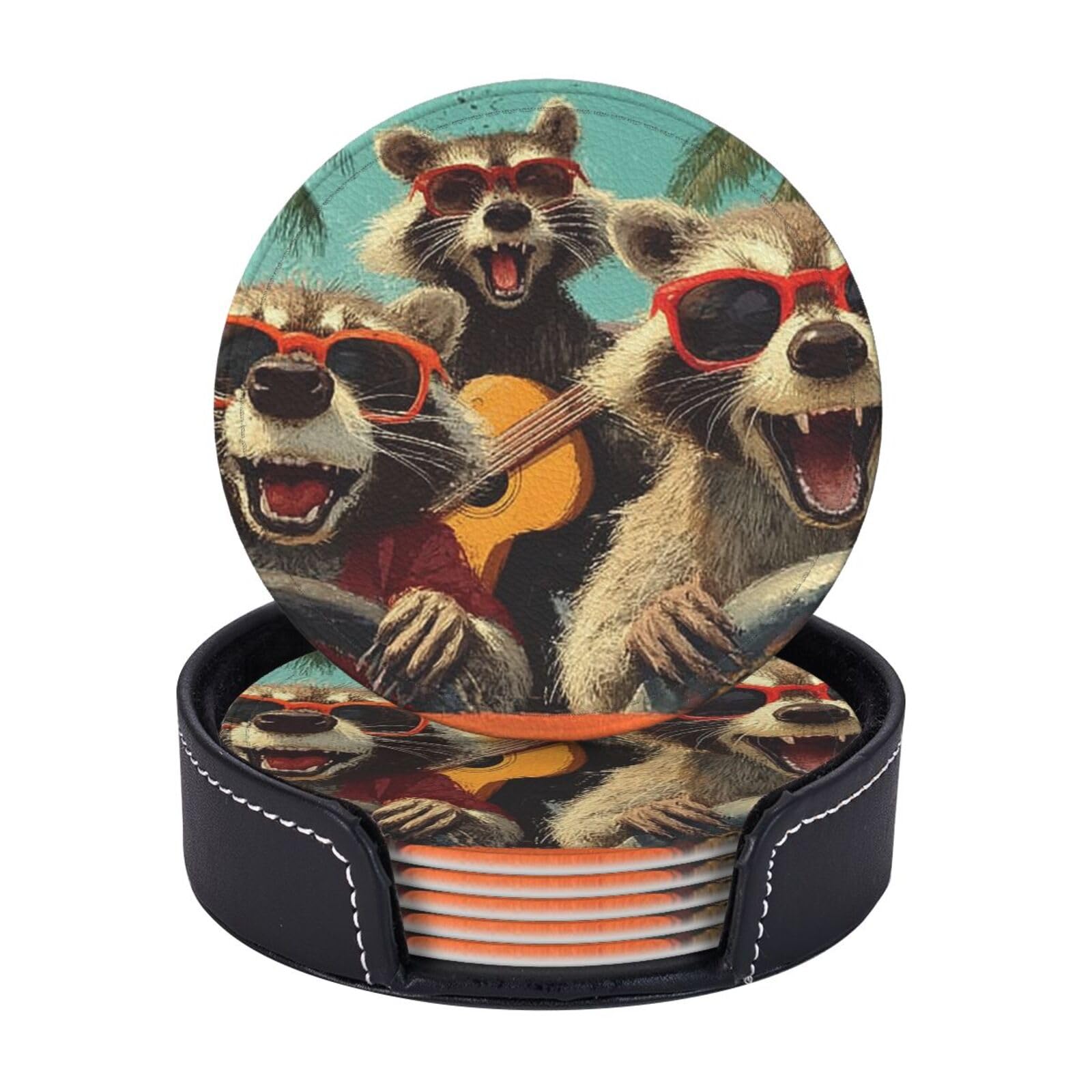 Drink Coasters 6 PCS Round Leather Coaster Funny Animals Coasters for Drinks Non-Slip Mugs Pads with Holder Personalized Cups Pad Mat for Coffee Table Kitchen 10 CM