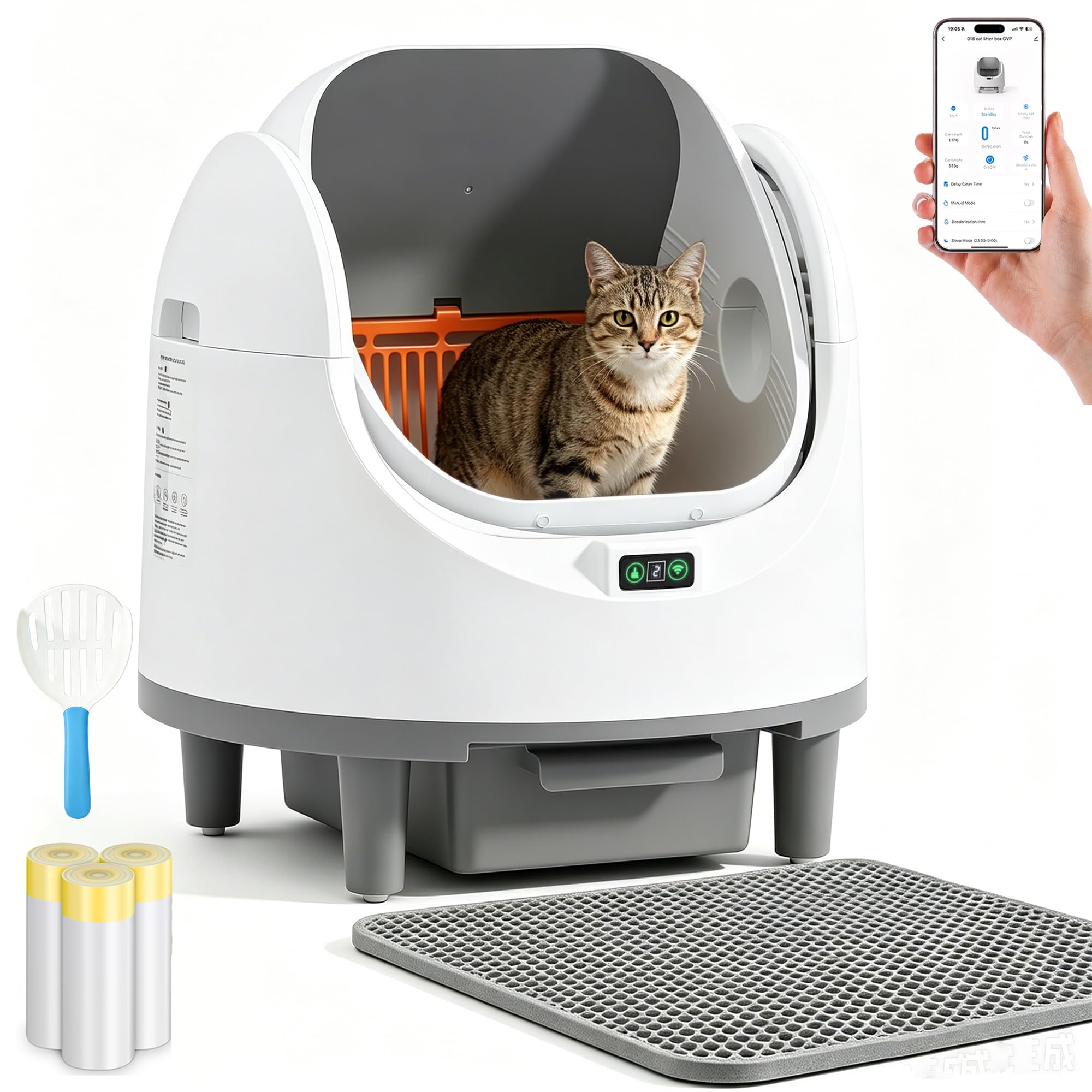 Lettiera Gatto Autopulente, Lettiera Autopulente per Gatti, 68L + 8L, XXL | Lettiera Autopulente, Sicuro, Antiodore, Controllo APP, Ampio Spazio, Facile Manutenzione, Tappetino Gatto,adatto a Più Gatti