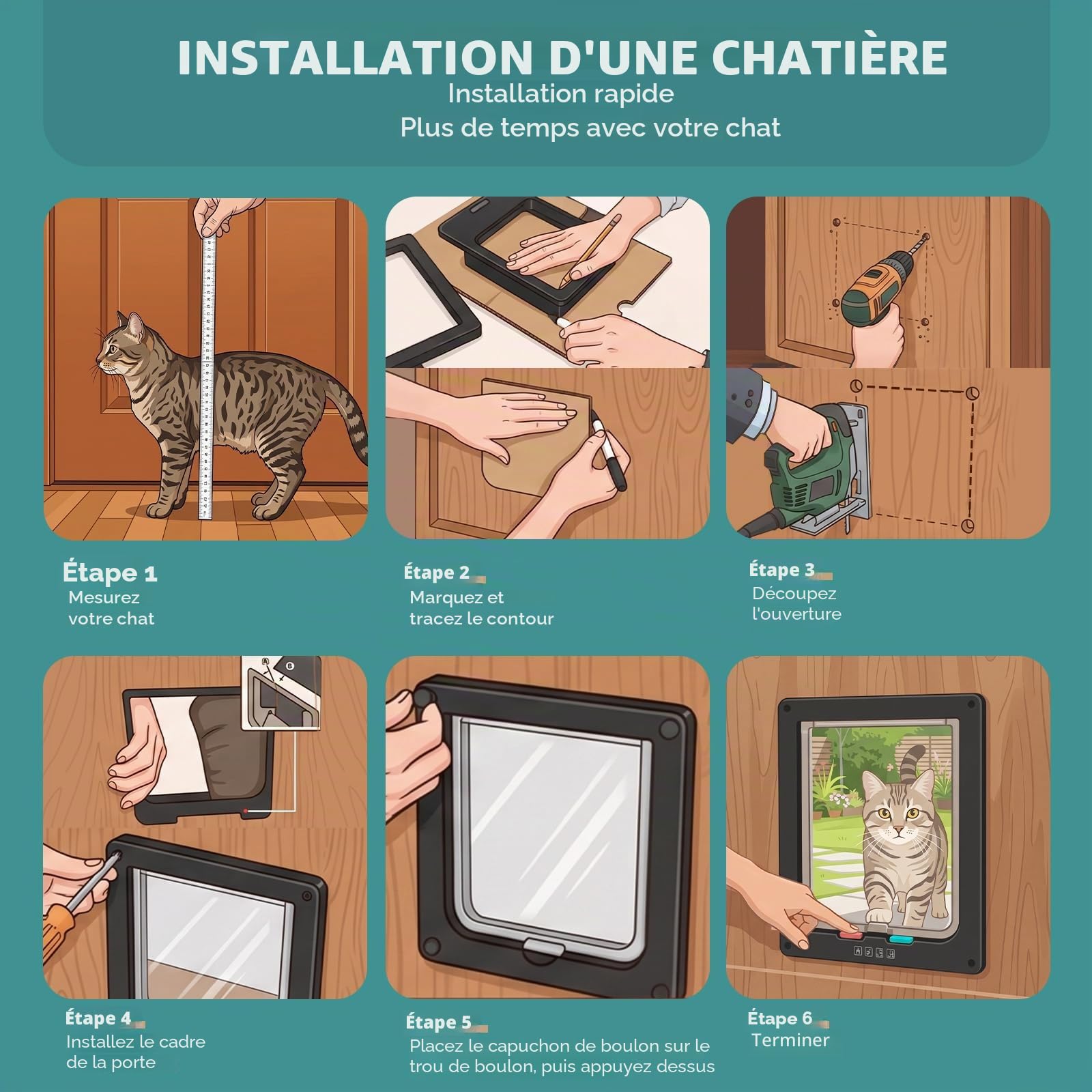 Ycozy XL Chatiere pour Chat Taille Extérieure 27.8 x 25cm Porte Intérieure de Verrouillage à 4 Voies pour Intérieur Porte Extérieure Fenêtre Murale, Rabat de Chat Résistant aux Intempéries Animal