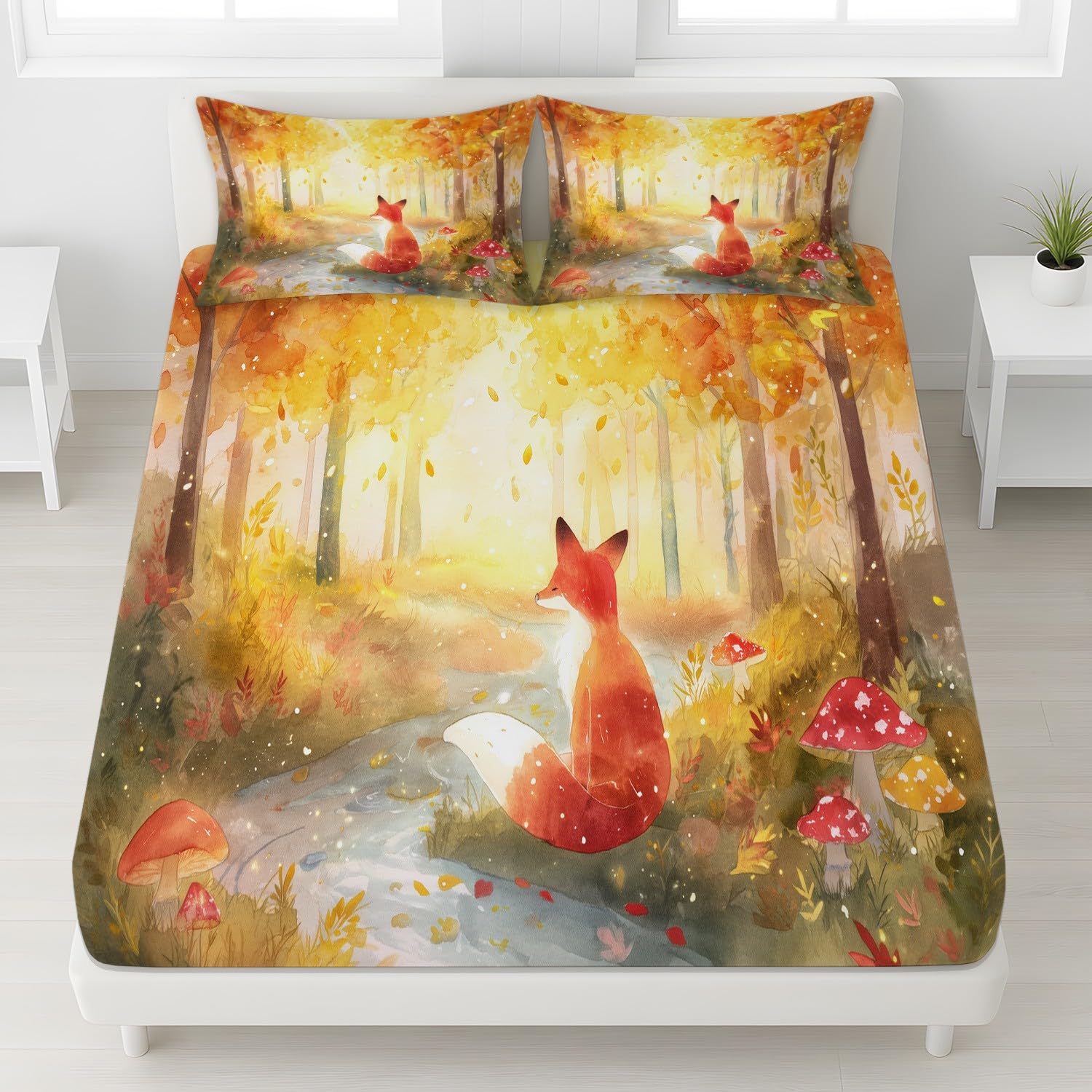Magischer Wald Spannbetttuch Traumhaft Fuchs Botanisch Spannbettlaken 140 x 200 x 30 cm 3teilig Mikrofaser Bettwäsche Set mit 2 Kissenbezüge 80 x 80 cm Kein Flachbettlaken