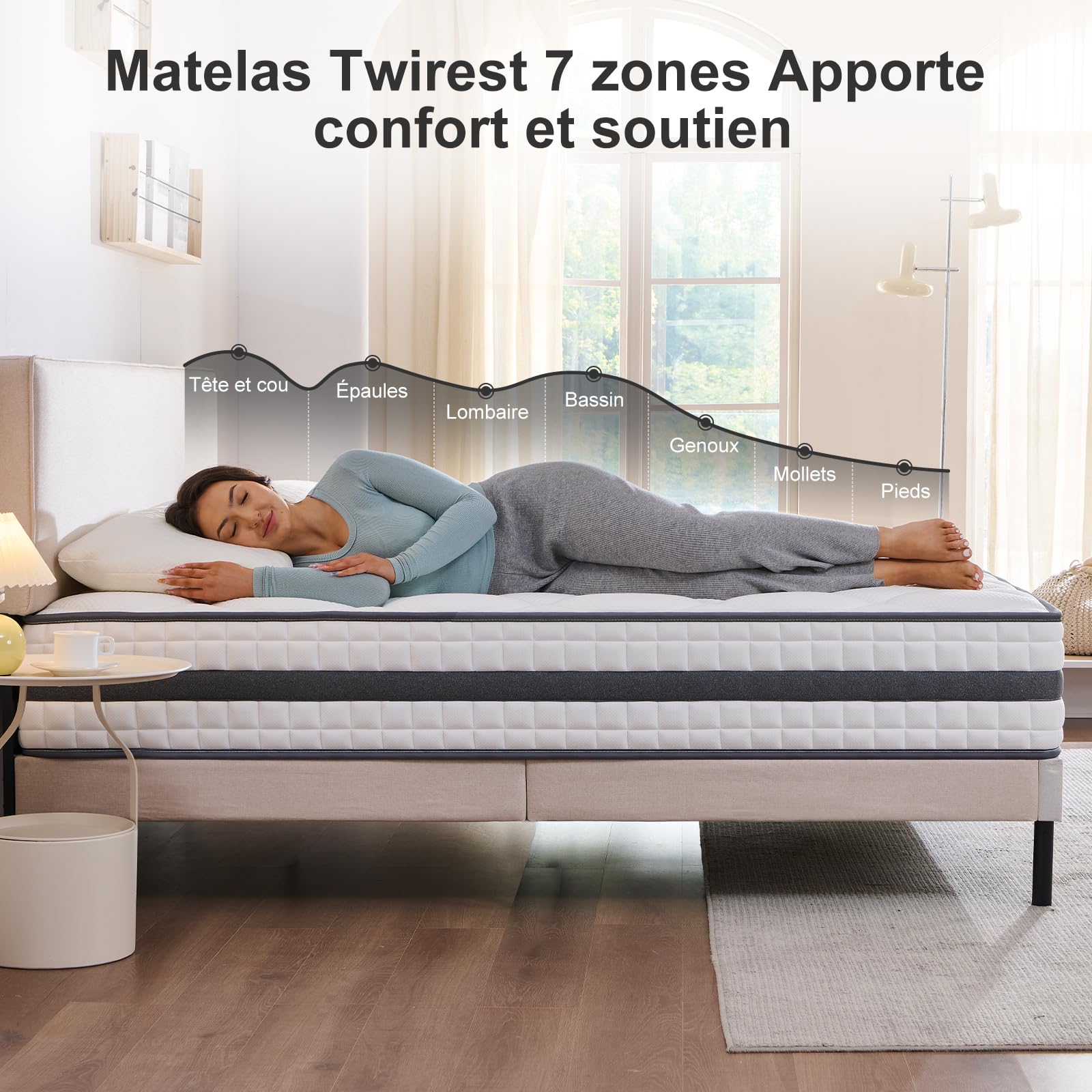 Twirest Matelas 140x190x22 cm Matelas Hybride en Mousse à mémoire de Forme à Ressorts ensachés,Durable et Doux pour la Peau, Durable et Respirant (140x190x22)