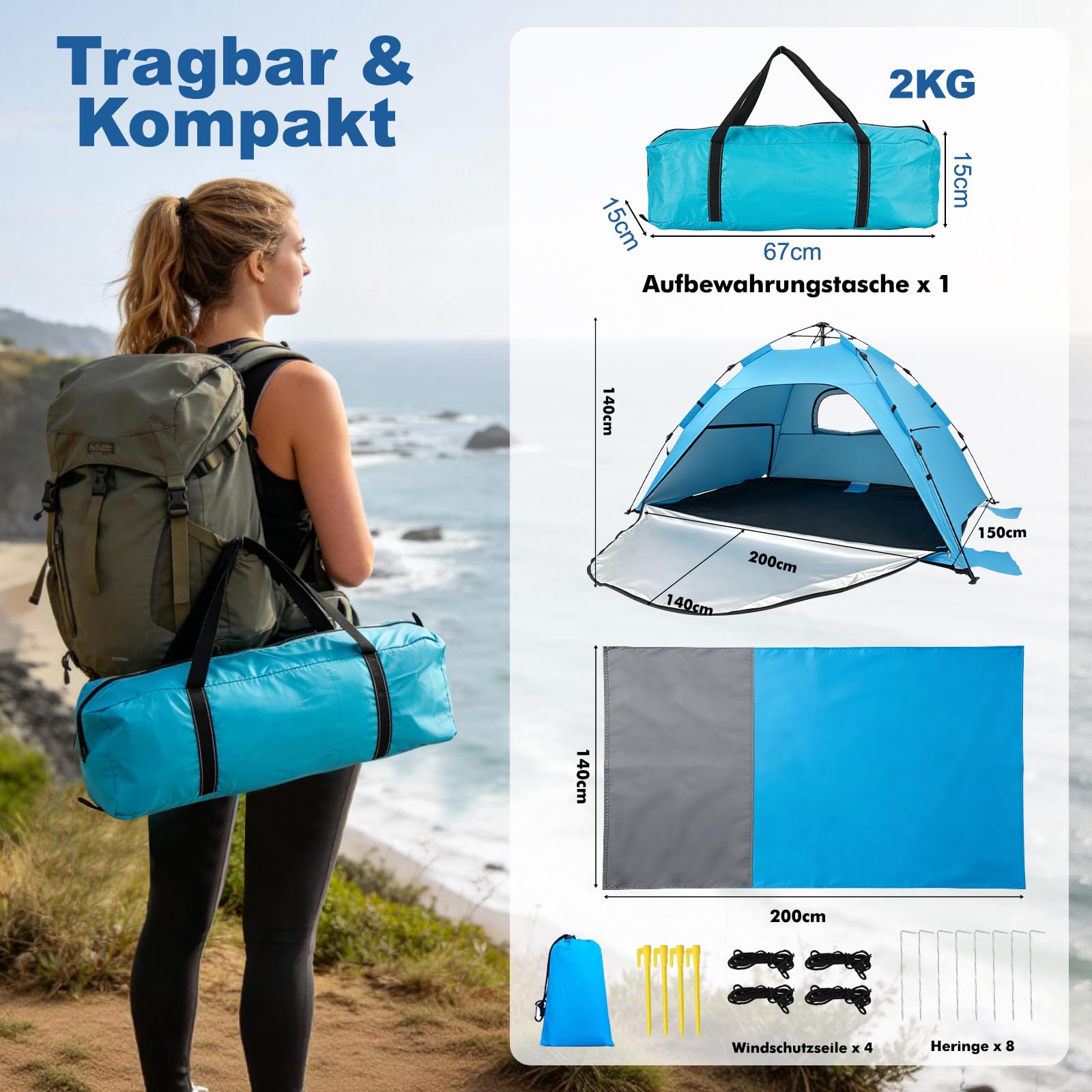 Strandzelt Strandmuschel Pop Up, UV Schutz 50+ Sonnenzelt mit Wasserdichter Strandmatte für 3-4 Personen, 3 Türen Belüftung & herausnehmbarer Boden, Tragbar Windschutz Baby Zelt für Strand Urlaub