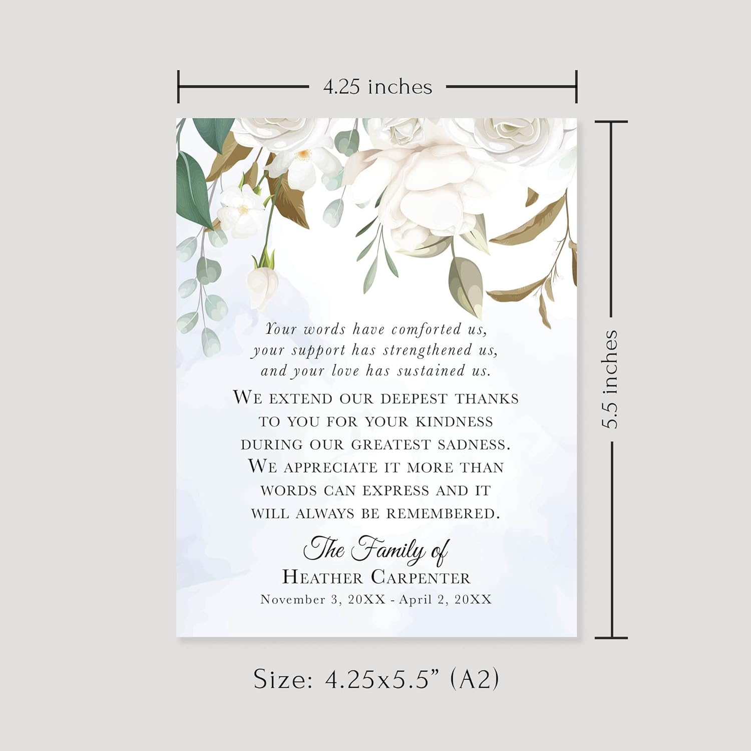 White Floral and Greenery Funeral Thank You Cards, Sympathy Acknowledgement Cards, 4.25x5.5 Flat Bereavement Notes with Envelopes - Image 2