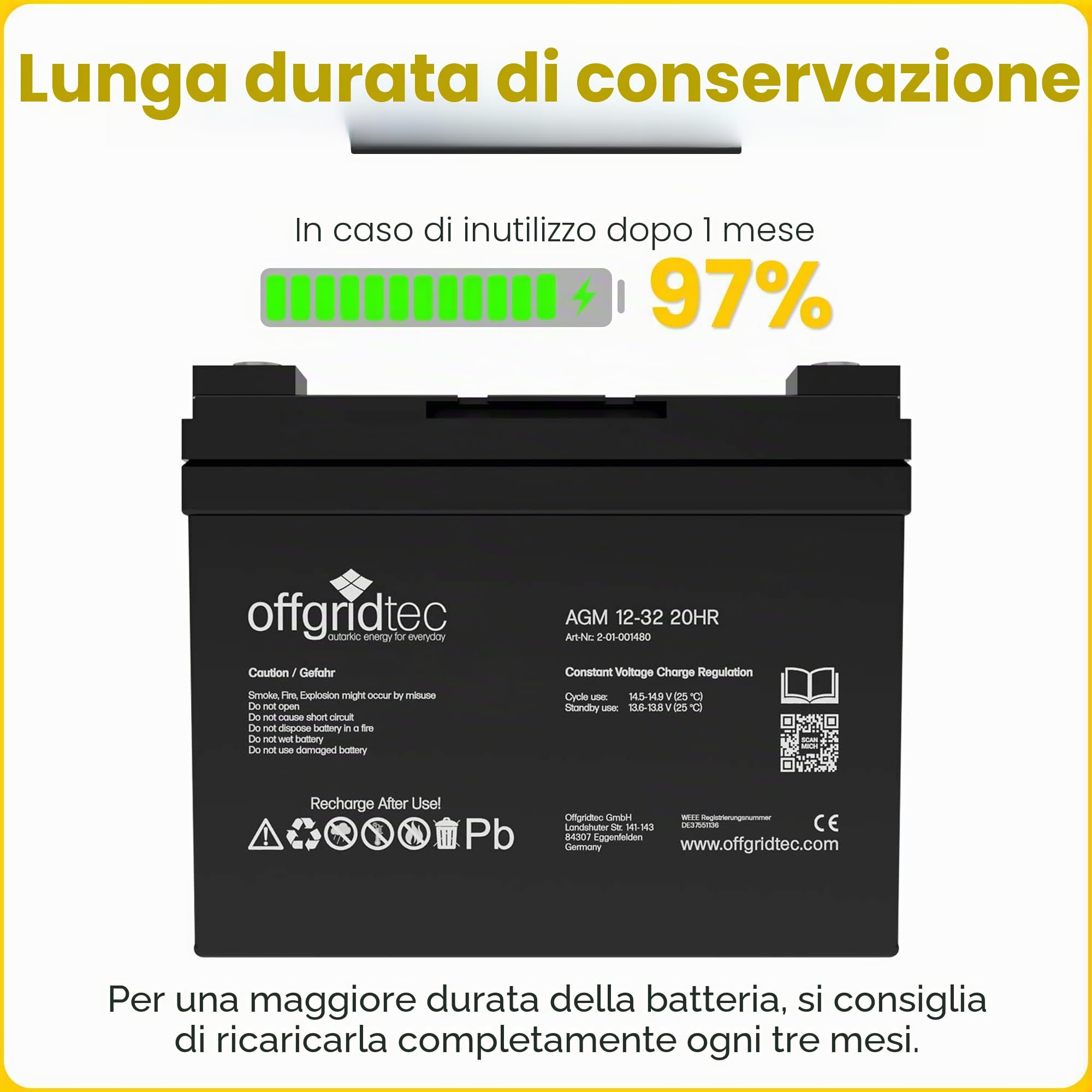 Offgridtec Batteria Solare AGM VRLA 12V 32Ah 20HR, Batteria AGM Deep-Cycle per Impianti Solari e Ibridi, Terminali a Vite M6, Bassa Autoscarica, Esente da Manutenzione, a Prova di Perdite