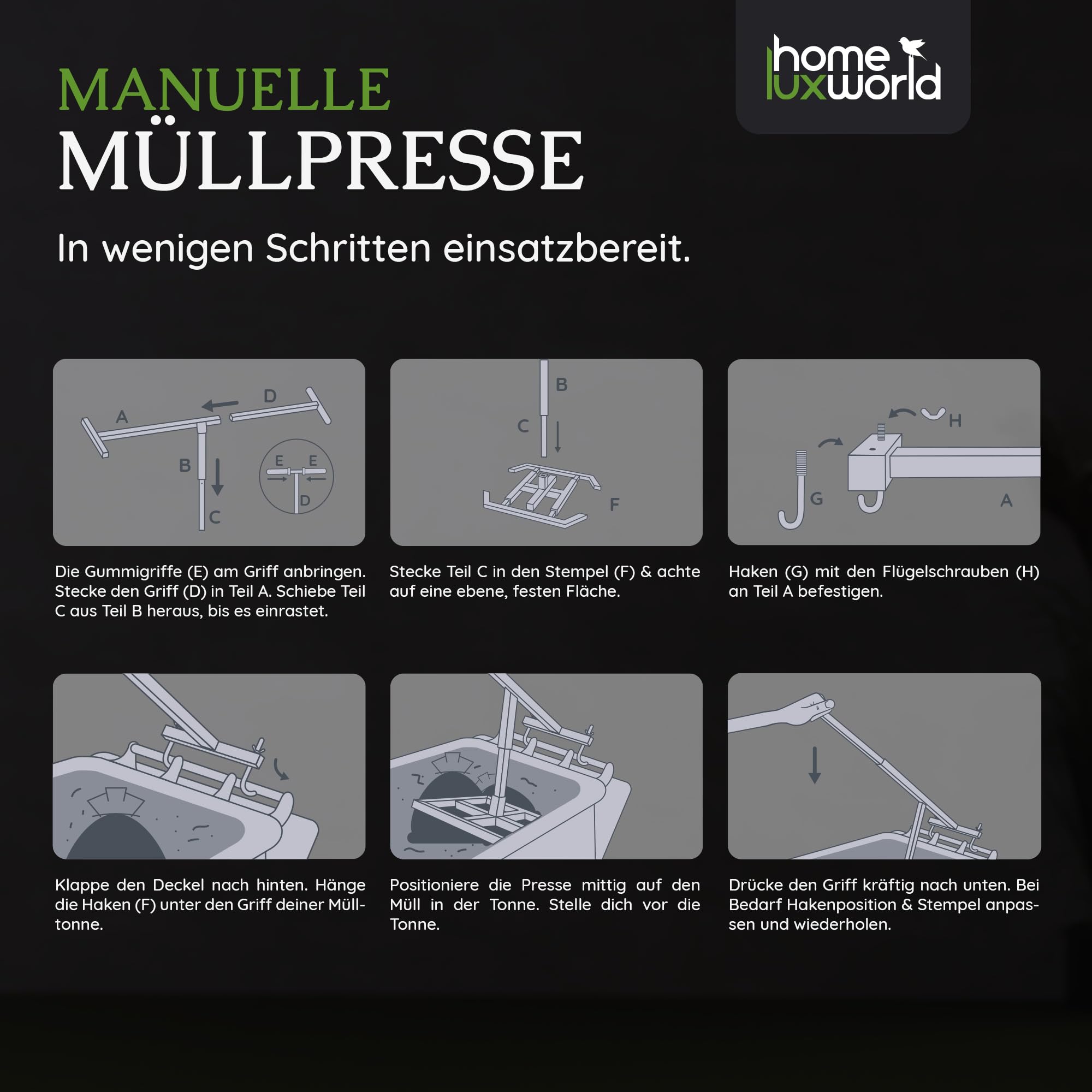 Müllpresse für Zuhause – Mülltonnen Presse 120L/240L – Manuelle Mülltonnenpresse zum Einspannen – Abfallpresse & Müllverdichter für platzsparende, nachhaltige Entsorgungen
