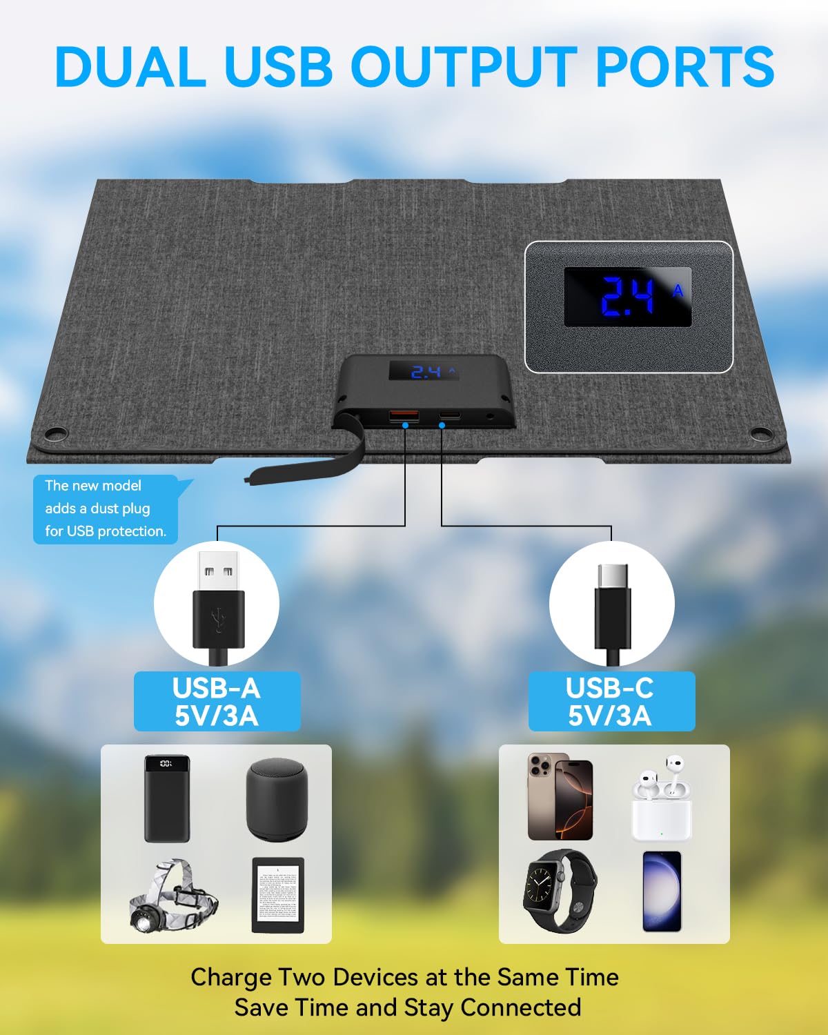 Ecosonique Caricatore Pannello Solare 30W Portatile Pieghevole, Ricarica USB-C e USB-A, ETFE IP67 Impermeabile, Compatibile con Telefoni Cellulari, iPhone, iPad, Samsung, LG, Power Bank, per Campeggio