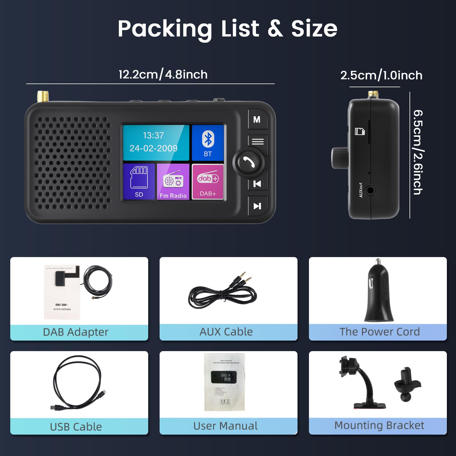 Hikity Radio samochodowe DAB/DAB+ adapter, kolorowy wyświetlacz LCD 2,4 cala + nadajnik DAB/FM + Bluetooth do odtwarzania muzyki + wejście pomocnicze / wyjście + ładowarka samochodowa