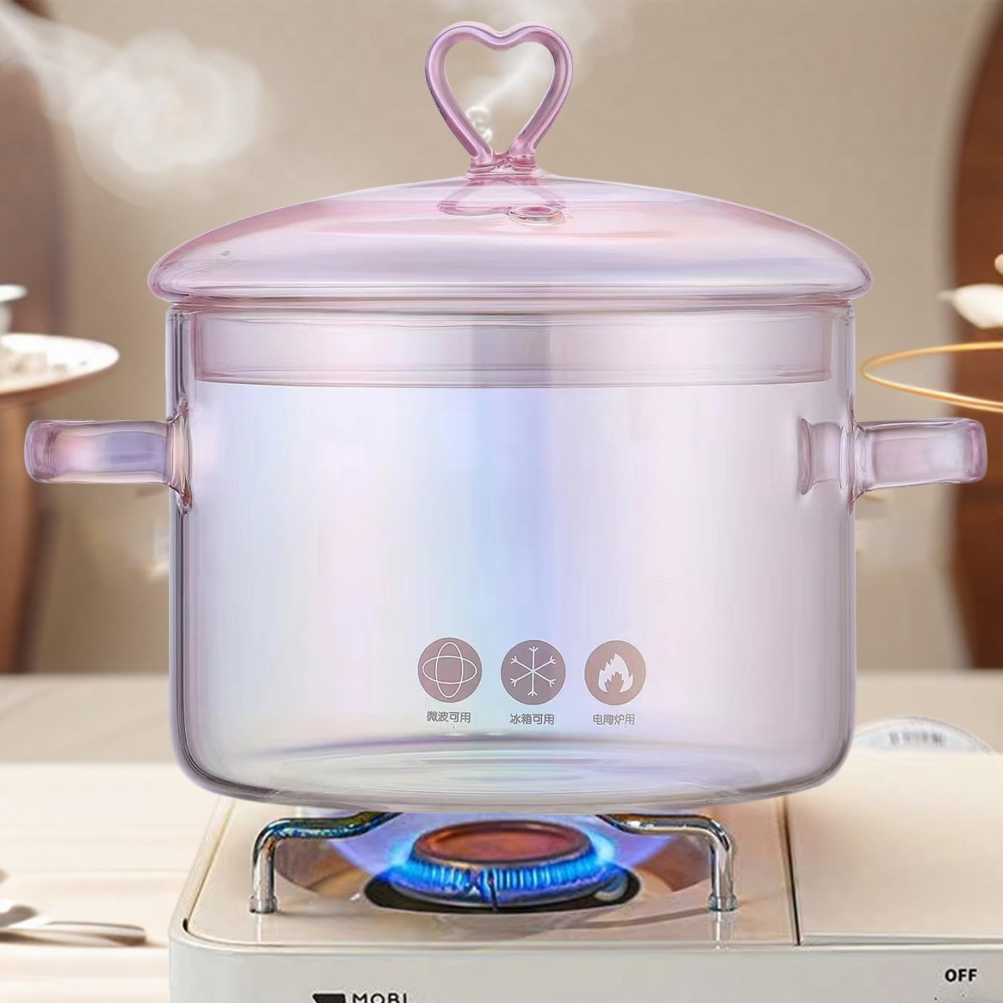 Pentola in vetro da 1,5 l, con coperchio, resistente al calore, in vetro trasparente e padella con coperchio, per pasta, pasta, zuppa, latte, tè e insalata, pentola trasparente (amore)