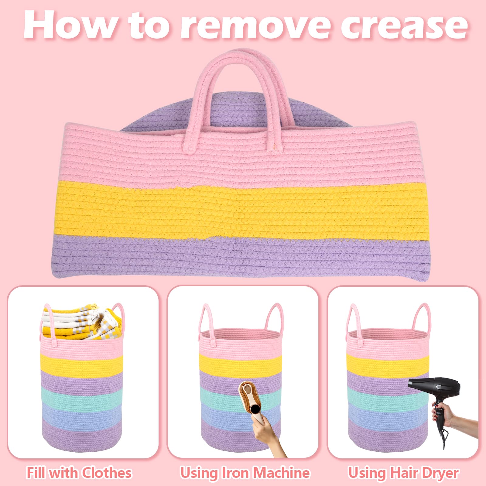 Caossuixin Rainbow Baby Laundry Basket, 38x50cm(56L) Extra Large Woven Cotton Rope Basket, Blanket Basket with Handle - Image 4