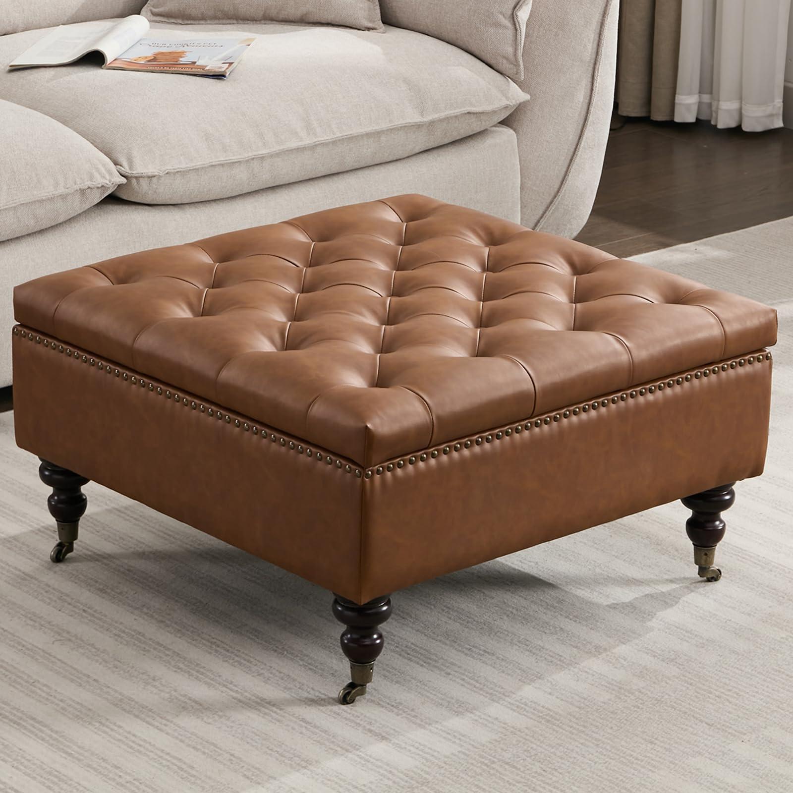 obmedin Large Square Storage Ottoman Uphlostered Tufted Button Coffee Table, Oversized Footrest Bench with Castered Rolling Wheels for Living Room, Brown Faux Leather