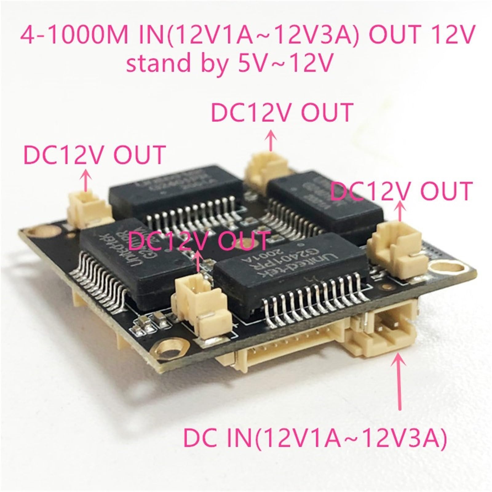 Commutateur Ethernet Gigabit PCBA à 4 ports 10/100/1000 m pour module intégré DC 5 V 12 V1 A-3 A en sortie CC VLAN via courant (port réseau)