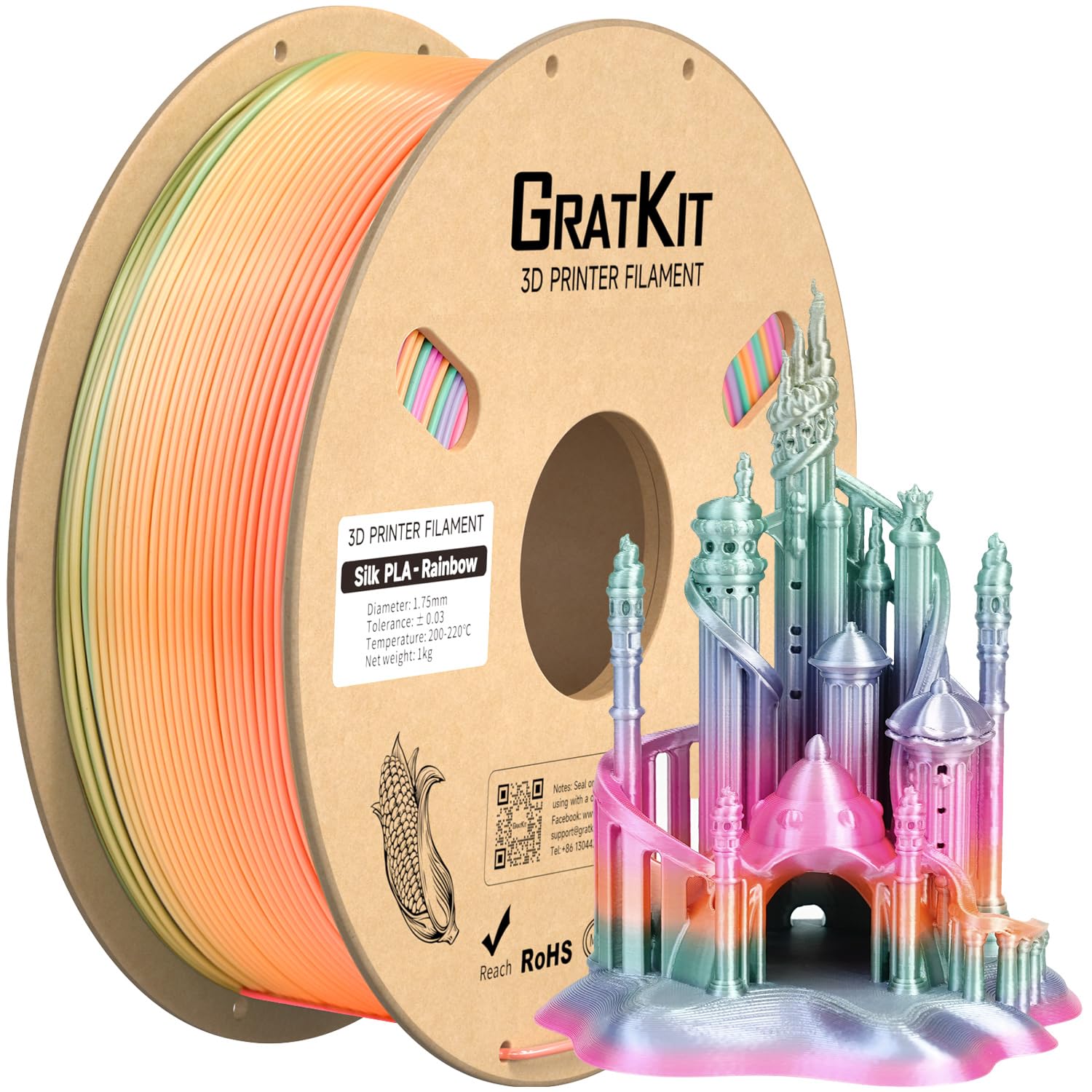 Gratkit Silk Rainbow PLA Filament 1KG, 3D Printer Filament Candy New