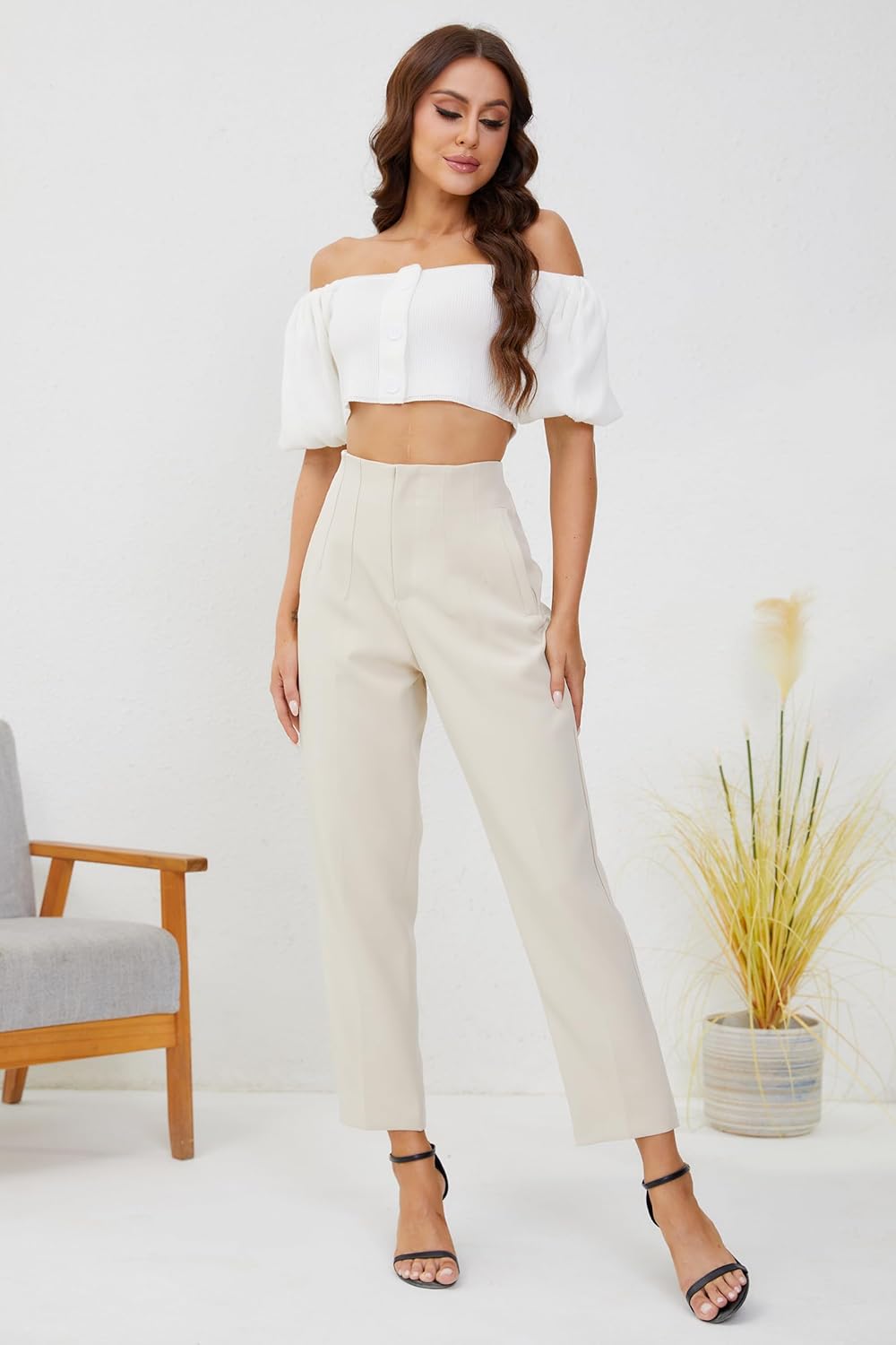 Women's High Waisted Business Trousers Straight Leg Pleated Office Slacks Pants - Image 2