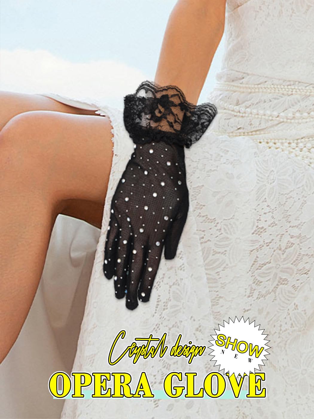 GEMILY Lace Tea Party Gloves Sheer Rhinestone Elegant Gloves for Women(black)