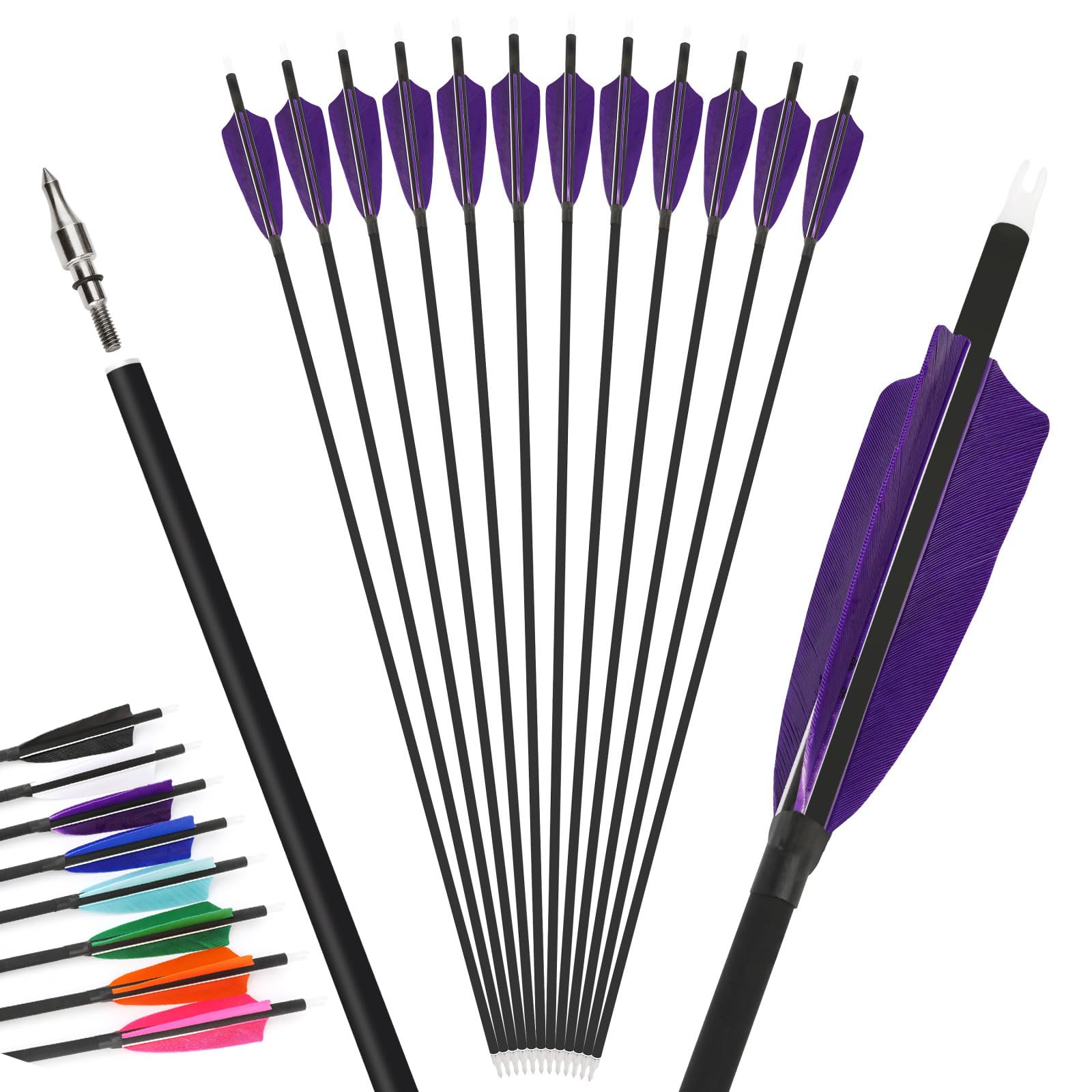 12Pcs 4inch Turkey Feather Mixed Carbon Arrow 500 Spine Archery Hunting Arrows Suit for Compound/Recurve Bow Target Practice Arrow (purple, 31inch 6pcs)