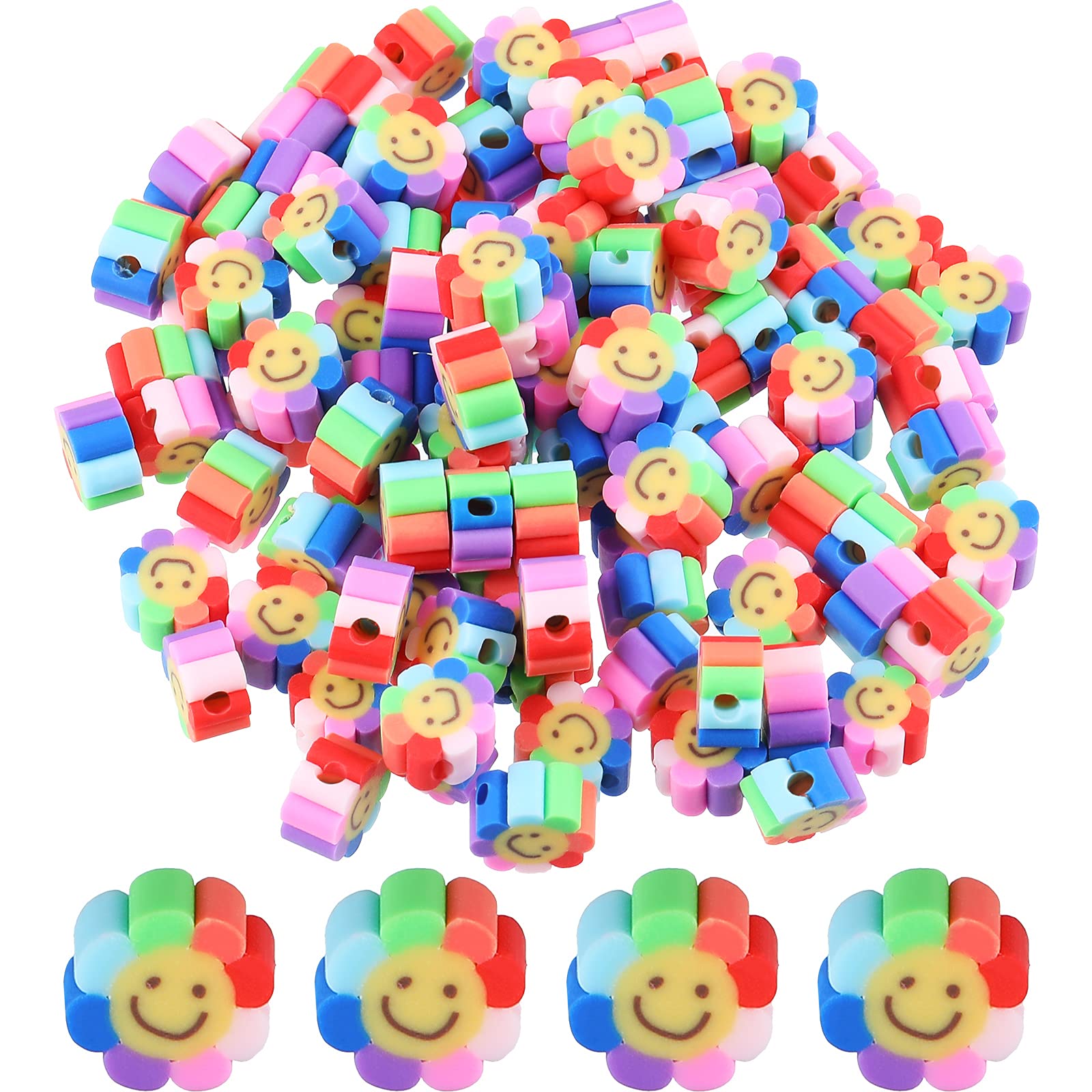 200 Pieces Flower Face Beads Polymer Clay Smile Face Beads Rainbow Happy Face Beads 10 mm Sun Flower Clay Beads for DIY Jewelry Bracelet Earring Necklace Craft