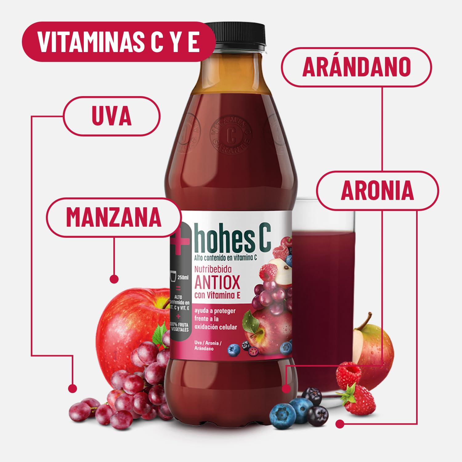 hohes C Nutribebida Antiox con Vitamina E - Zumo de Manzana, Uva, Aronia, Acerola, Arándano, Zanahoria Negra y Limón 100% natural 1L
