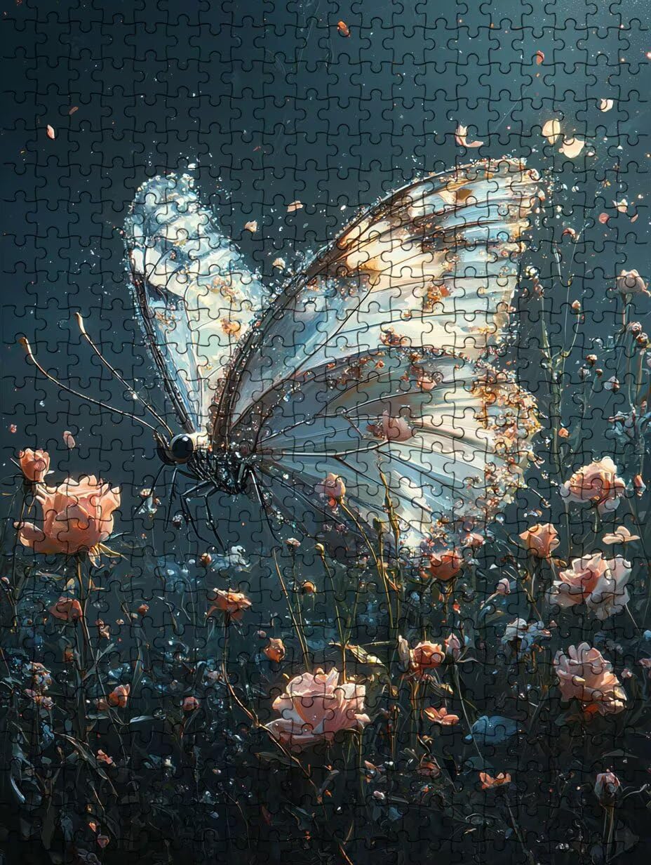 Motyl z białymi kwiatami Puzzle 1000 sztuk, puzzle dla dorosłych, łamigłówki, wyzwanie do gry, rozrywka gra edukacyjna dla całej rodziny, na prezent dekoracja BXHZW7-38