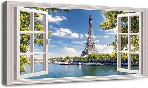 Miniatura 13 de 24"x 48" Canvas Wall Art Fake Window Vintage Travel Eiffel Tower Architecture Paris France Framed Pictures Painting Prints Large Wall Art for Living