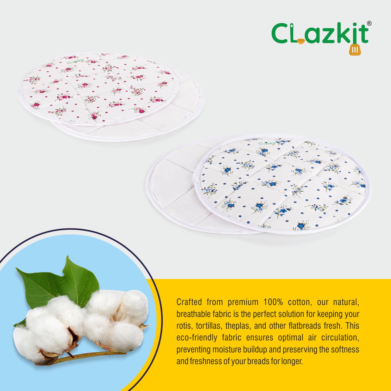 Clazkit Round Roti Chapati Cover 100% Cotton Traditional Roti Rumals Tortilla Covers- 4pcs set, Multicolor 2