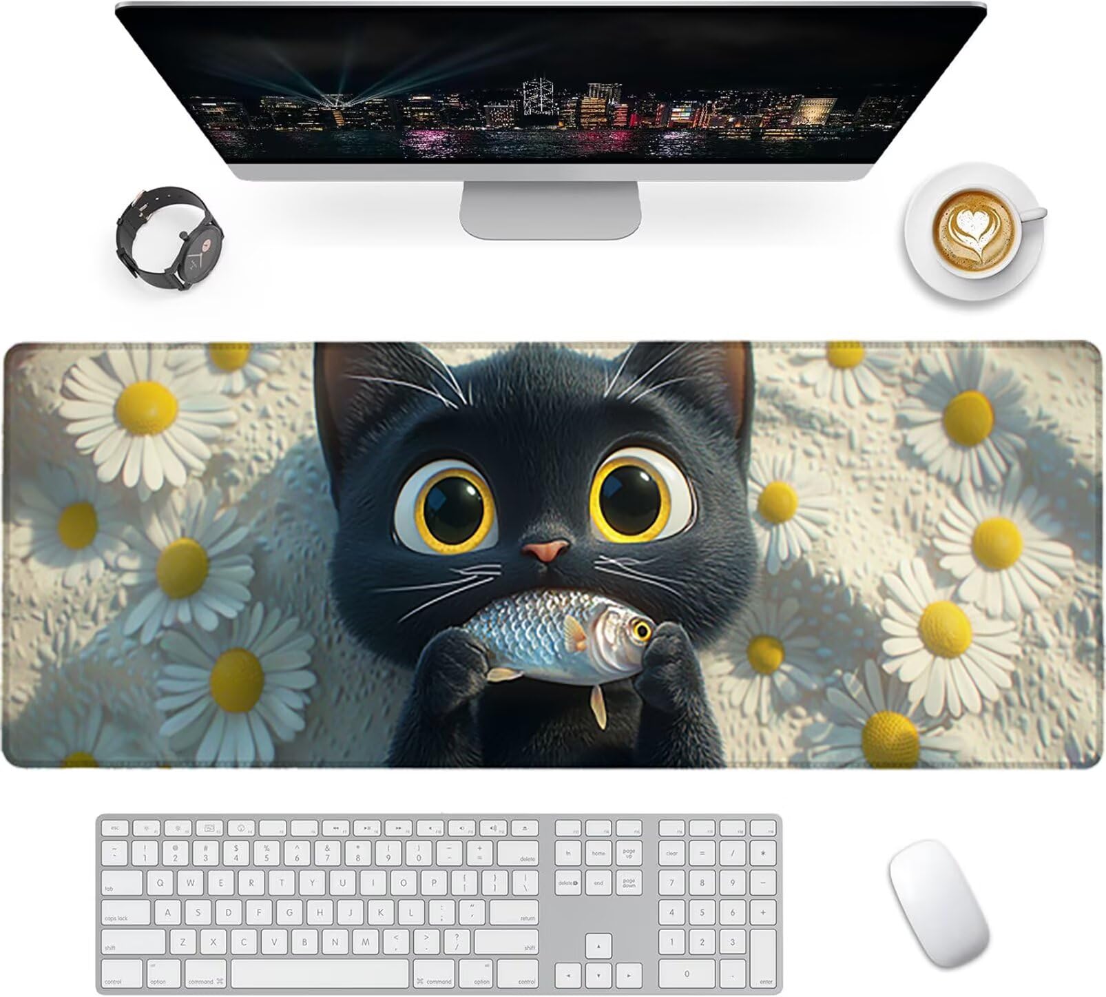 Lpfieonn Katze Großes Schreibtischunterlage, XXL Schreibtischunterlagen, Weiß XXL Wasserdicht Gaming Mousepad mit Vernähter Rand und Rutschfeste Gummibasis, für Laptop/Hause/Büro 120x60cm PF-3529