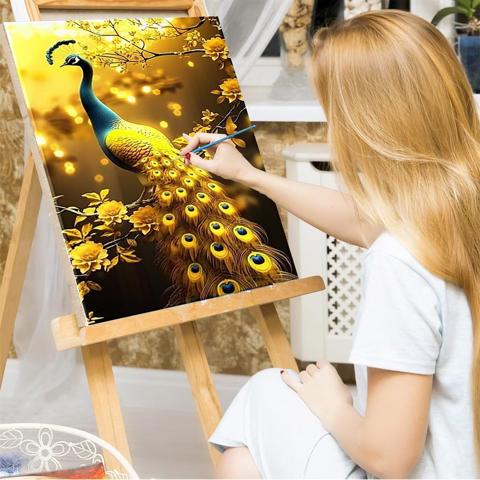 Kit di Pittura Acrilica a Olio su Tela Fai-da-Te, Amichevole Pavone Compagno Dipinto Ad Olio Su Tela con, Decorazioni per La Casa Dipingere con i Numeri per Adulti Bambini Piume 60x80cm (Con Scatola)
