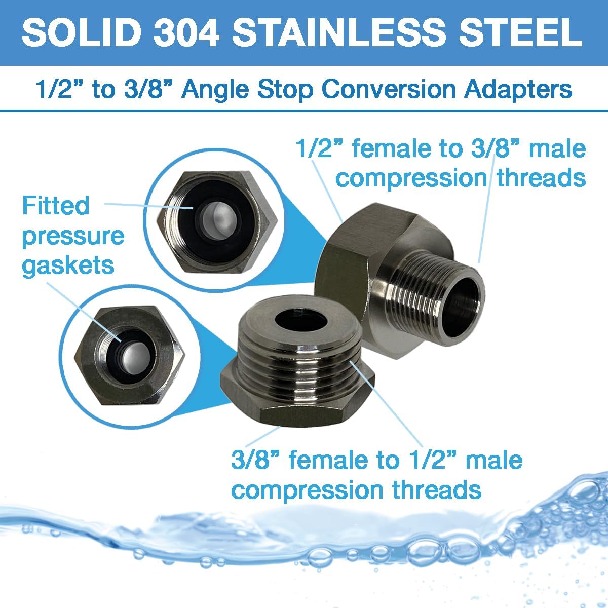 1/2” to 3/8” Male and Female Angle Stop, FULL THREAD Compression Adapters, 304 Stainless Steel, Pipe Fittings, Water Line Adapter for Kitchen Bathroom Faucet, Pipe Connector with Gaskets